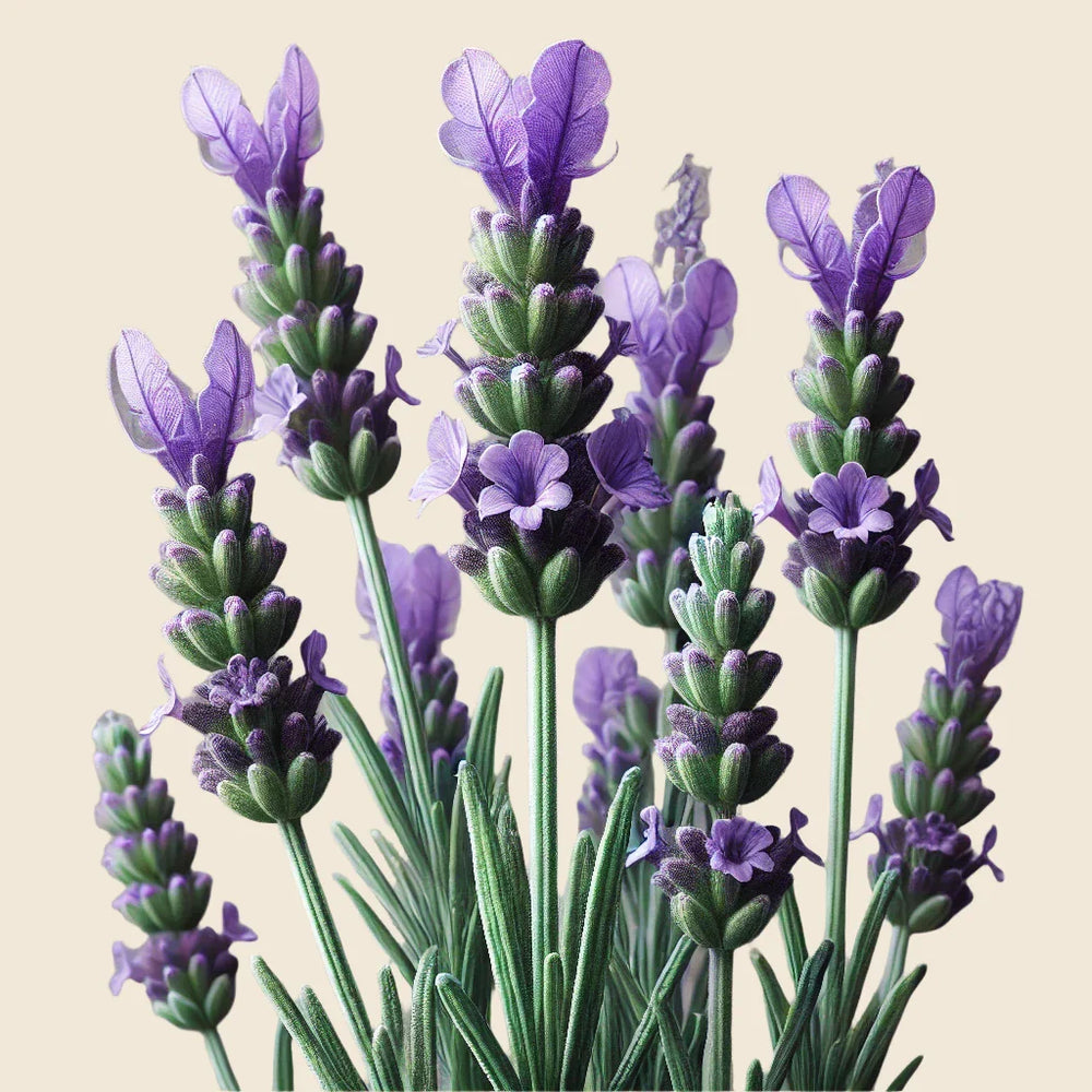 Several lavender stems with purple blossoms and green leaves are shown on a light background, reflecting the natural purity of Oway Rebuilding Hair Bath—Oway's strengthening shampoo for brittle, weak hair.