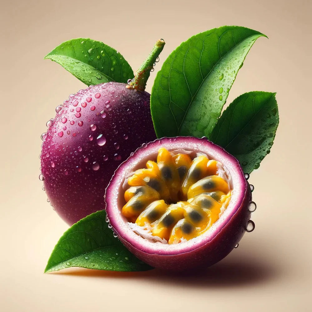 A whole and a halved passion fruit with green leaves and dewy yellow pulp evoke the refreshing, biodynamic botanicals of Oway After Sun Body Balm by Oway, formulated to soothe and hydrate sun-exposed skin.