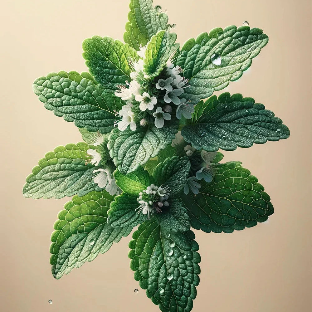 A close-up of a green herb with textured leaves and white flowers, covered in dewdrops, evokes the freshness of Oway Frequent Use Conditioner—a lightweight Oway formula suitable for all hair types—set against a light background.