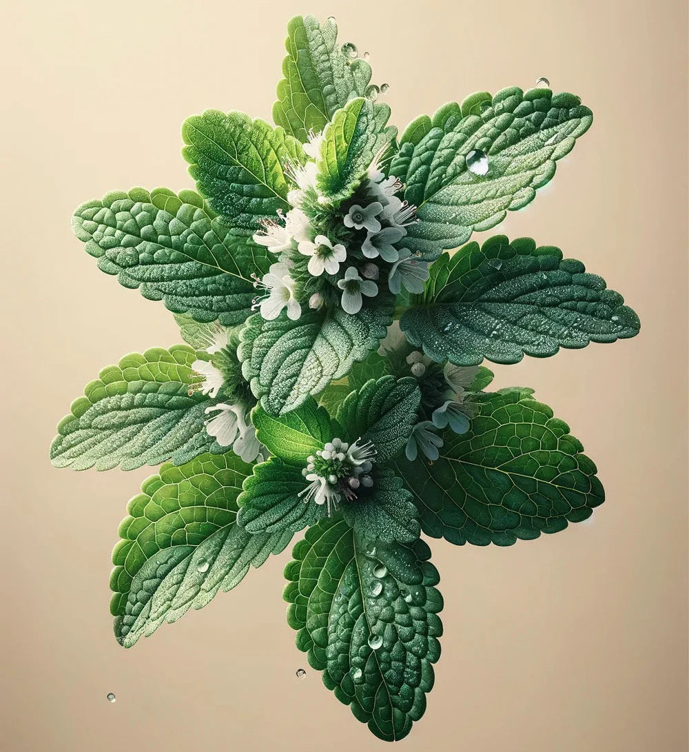 A close-up of a green herb with textured leaves and white flowers, covered in dewdrops, evokes the freshness of Oway Frequent Use Conditioner—a lightweight Oway formula suitable for all hair types—set against a light background.