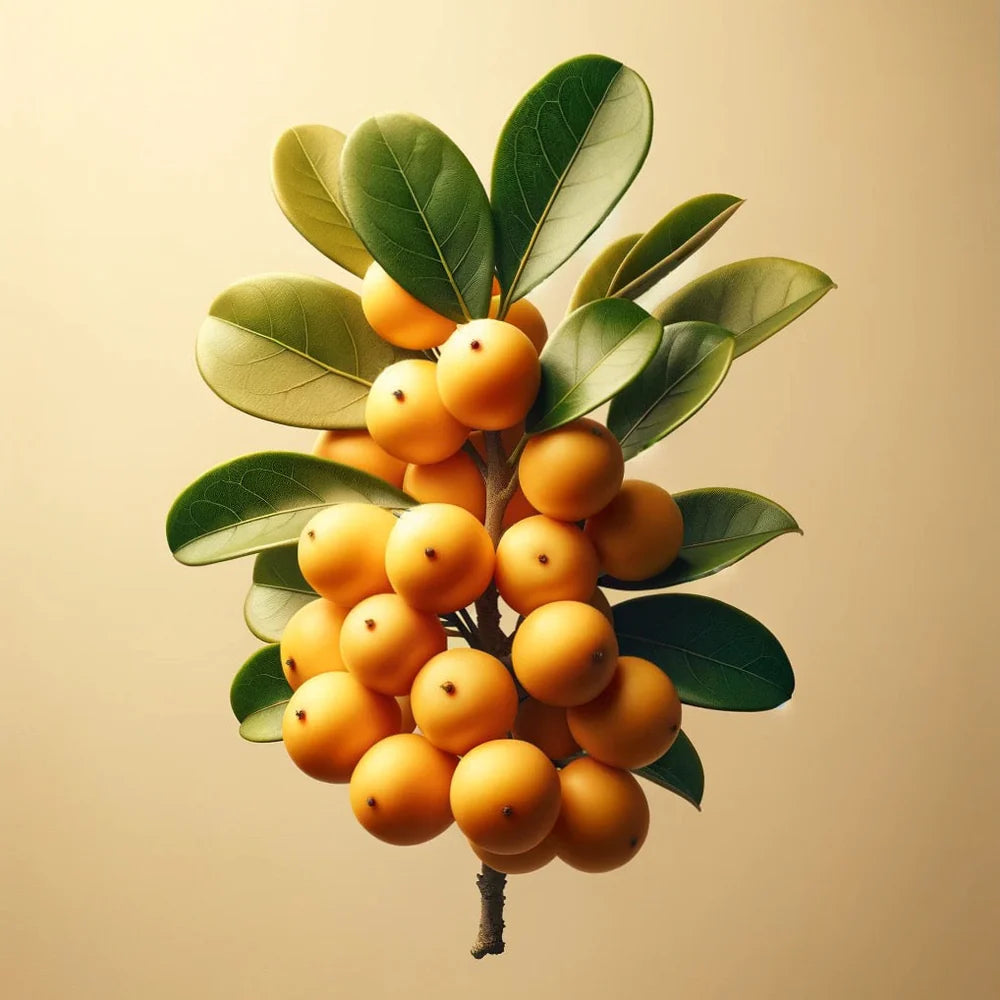 A cluster of round, yellow-orange fruits with green leaves on one stem rests on a beige background—echoing the radiant care of Oway Thermo-Detangling Cloud, a heat-protective detangler for all hair types by Oway.