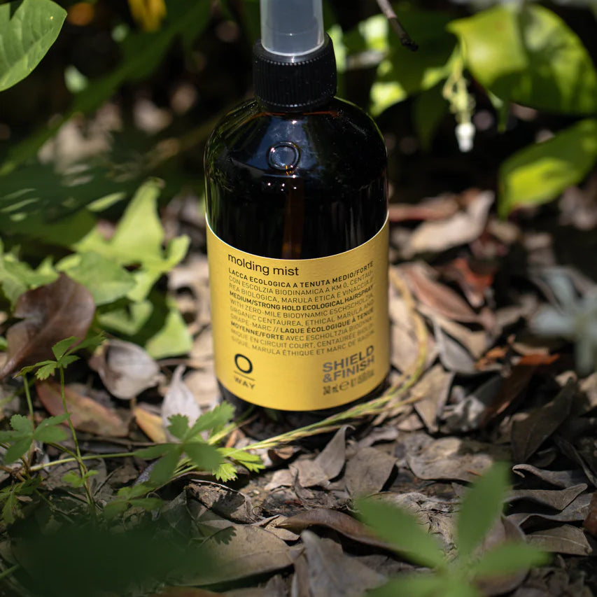 Oway Molding Mist, a humidity-resistant spray with a yellow label, sits among greenery outdoors, providing medium hold and nourishing marula oil for perfect styling.