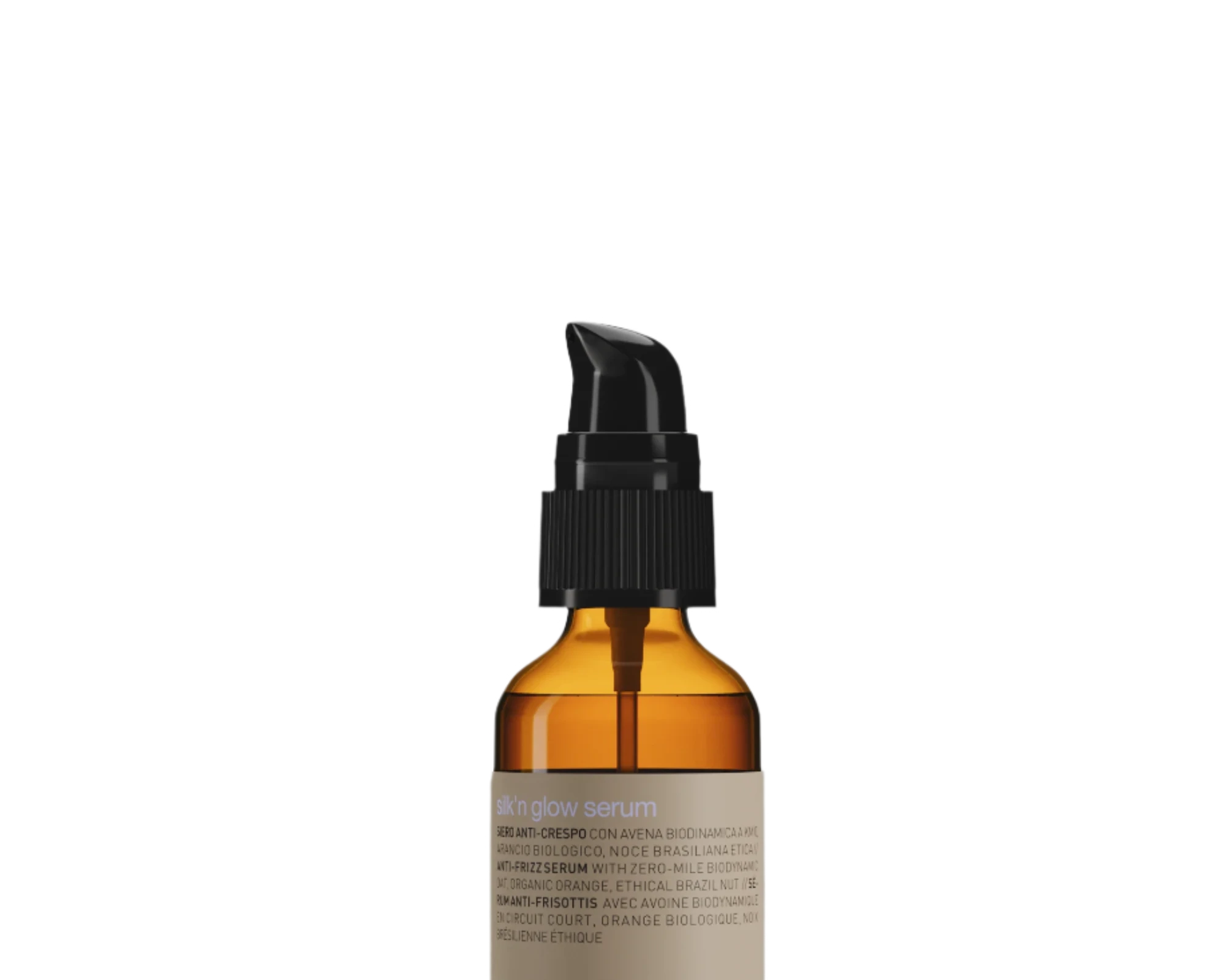 A brown glass dropper bottle with a black pump, labeled "Oway Silk’N Glow Serum | Anti-Frizz Shine Serum for Dry, Frizzy Hair," stands upright against a black background.