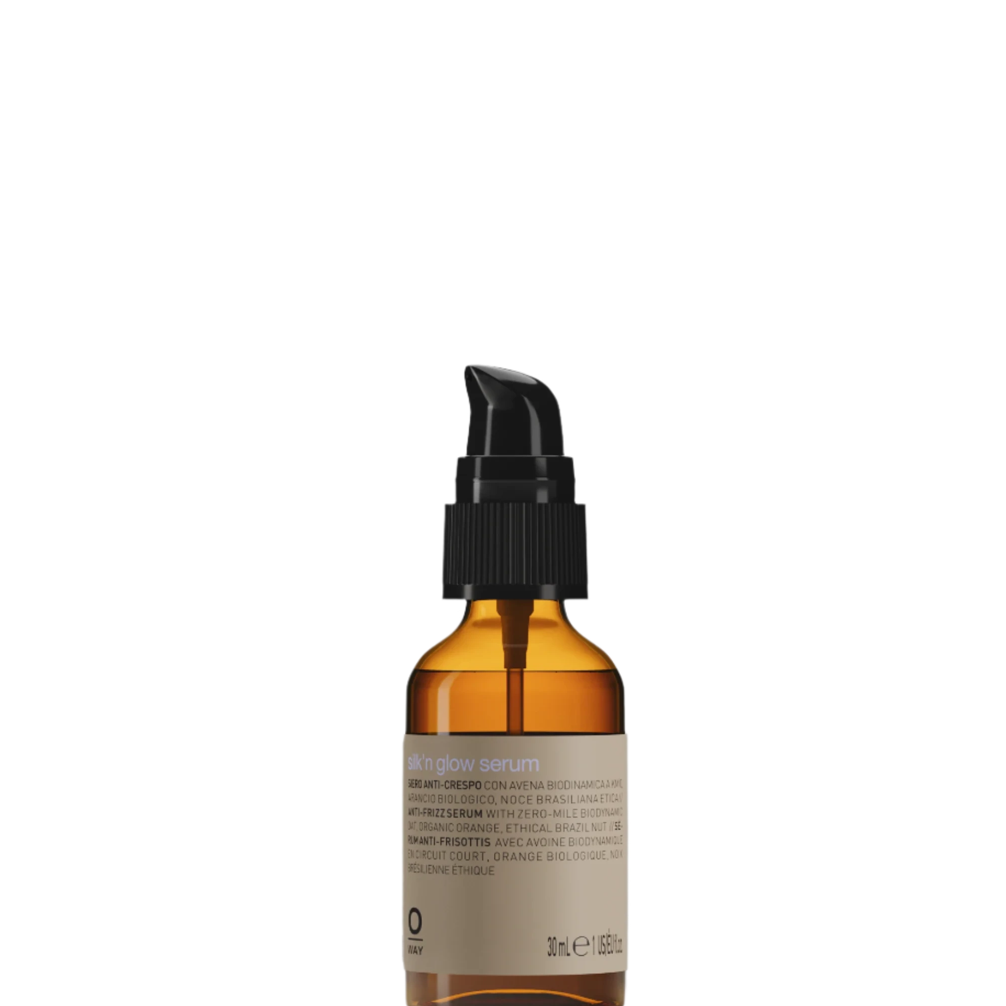 A brown glass dropper bottle with a black pump, labeled "Oway Silk’N Glow Serum | Anti-Frizz Shine Serum for Dry, Frizzy Hair," stands upright against a black background.