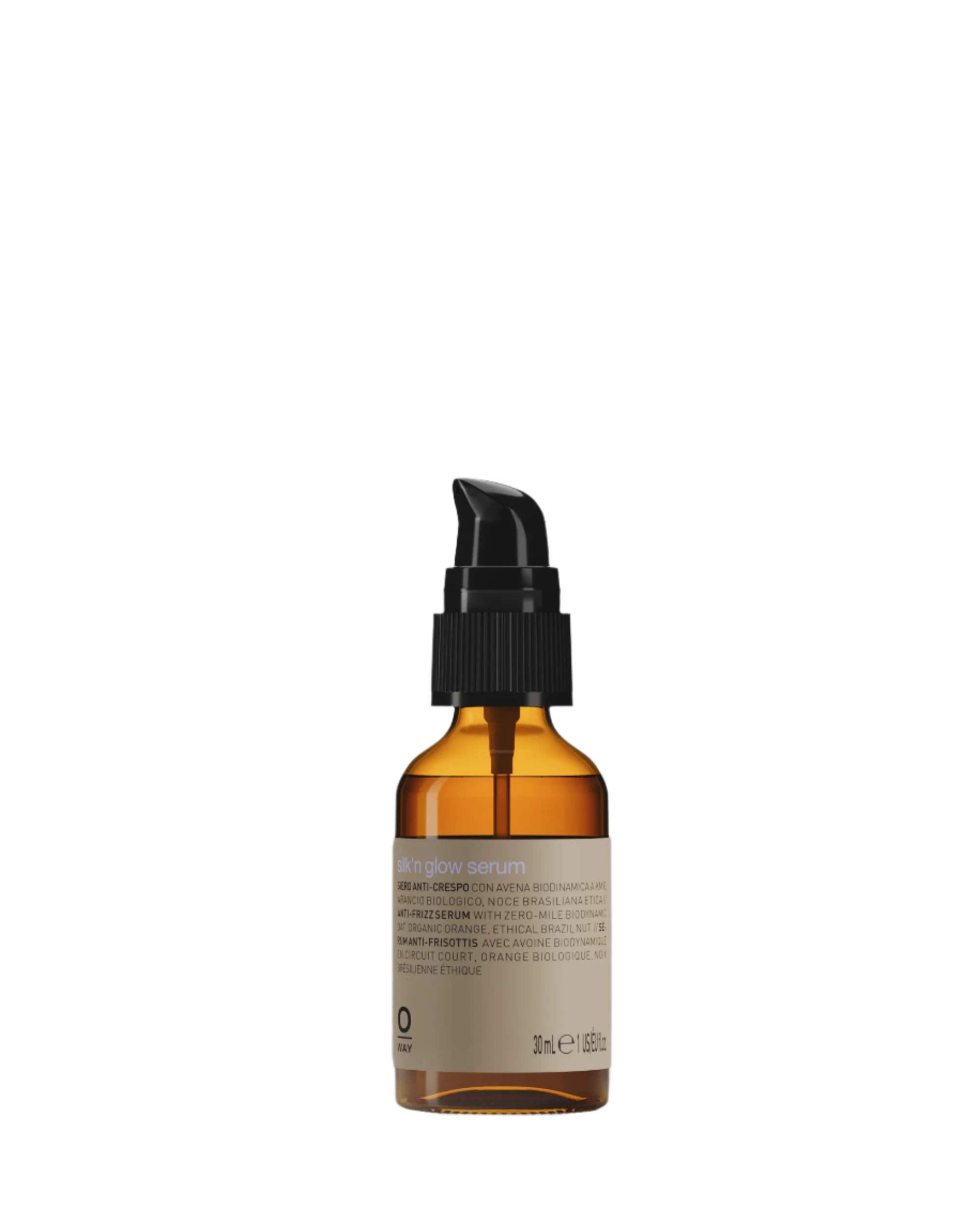 A brown glass dropper bottle with a black pump, labeled "Oway Silk’N Glow Serum | Anti-Frizz Shine Serum for Dry, Frizzy Hair," stands upright against a black background.