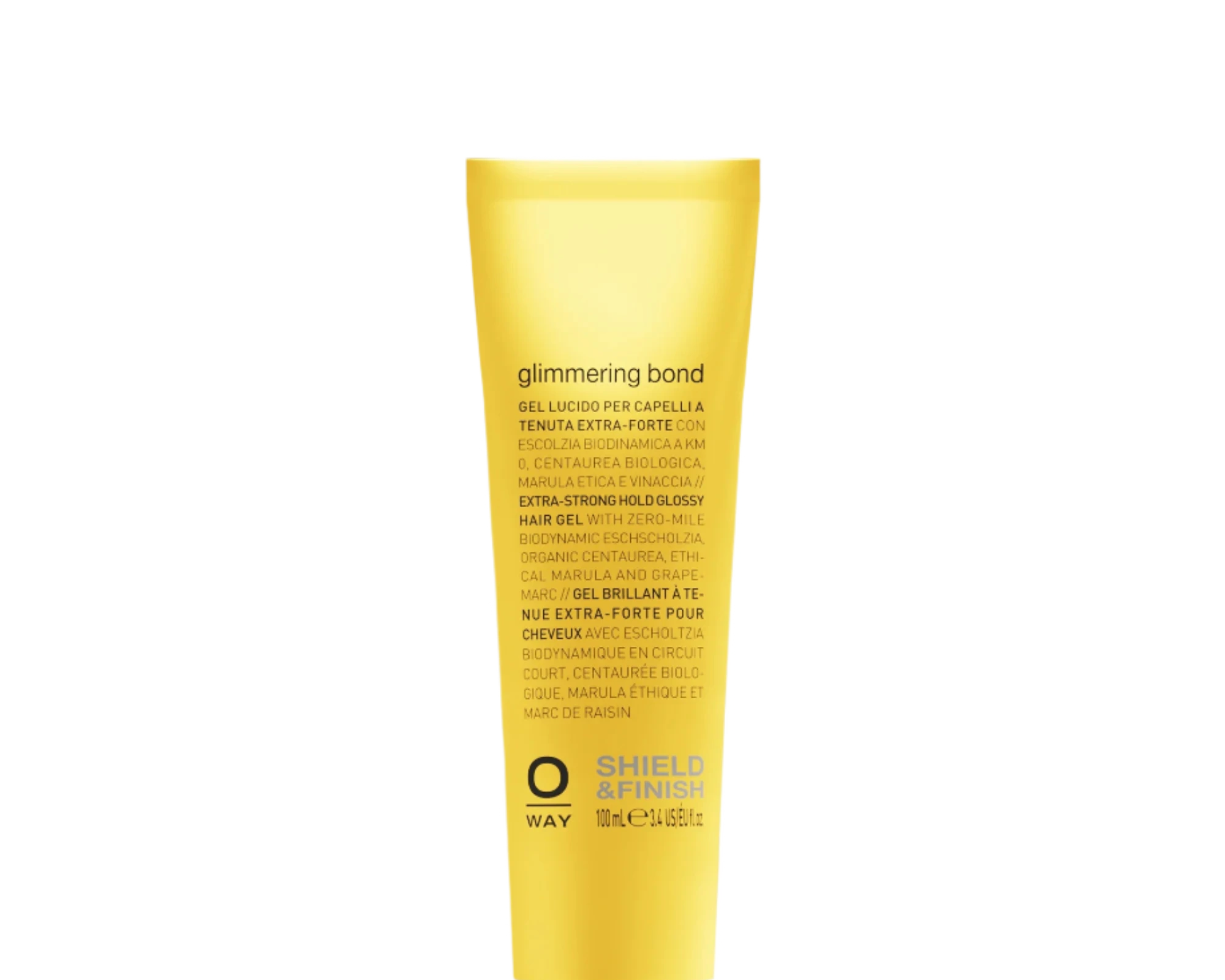 A yellow tube of Oway Glimmering Bond | Bonding Shine Treatment for Damaged, Dull Hair stands upright on a dark textured background, formulated with ethical marula oil for extra care and shine.