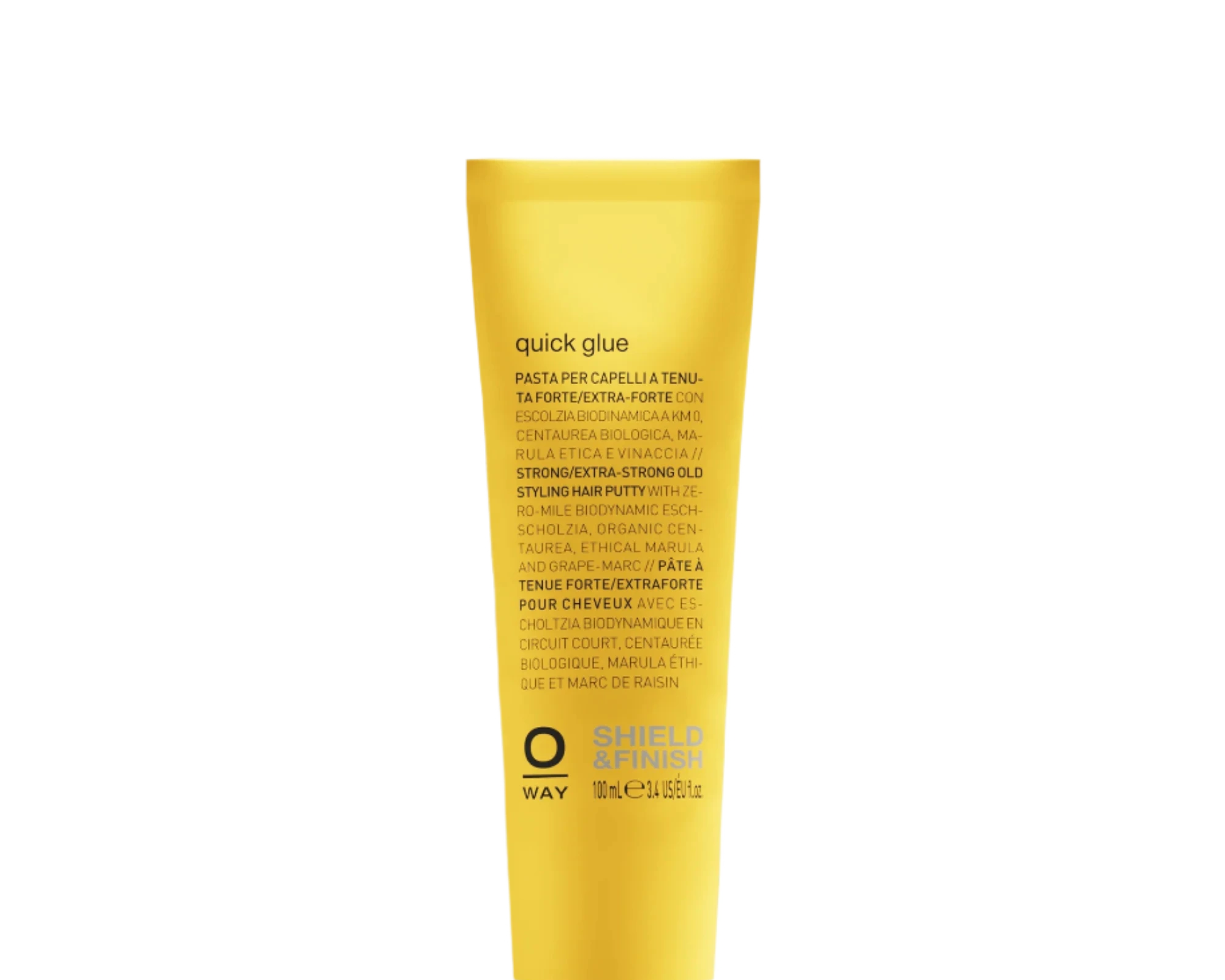 A yellow tube of Oway Quick Glue | Ultra-Hold Styling Glue for Creative Hair Sculpting stands upright, featuring black text and a black screw cap—ideal for creative styles and ultra-strong hold.