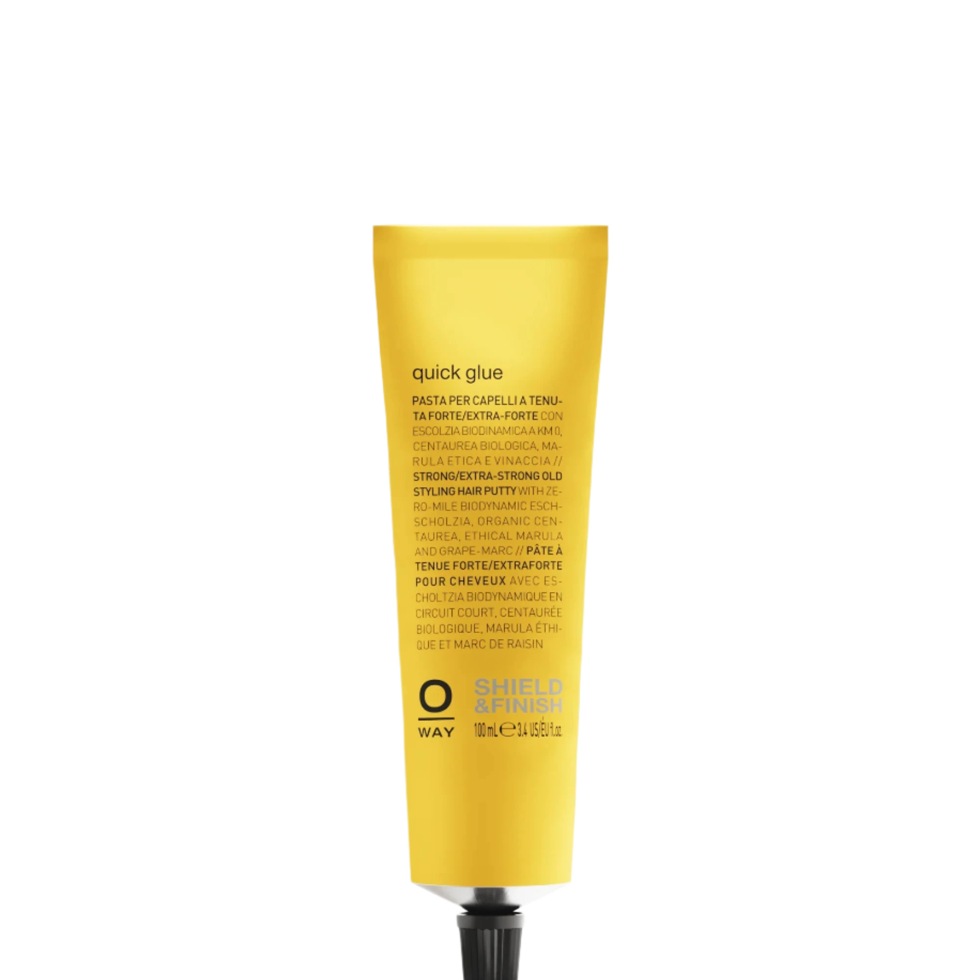 A yellow tube of Oway Quick Glue | Ultra-Hold Styling Glue for Creative Hair Sculpting stands upright, featuring black text and a black screw cap—ideal for creative styles and ultra-strong hold.