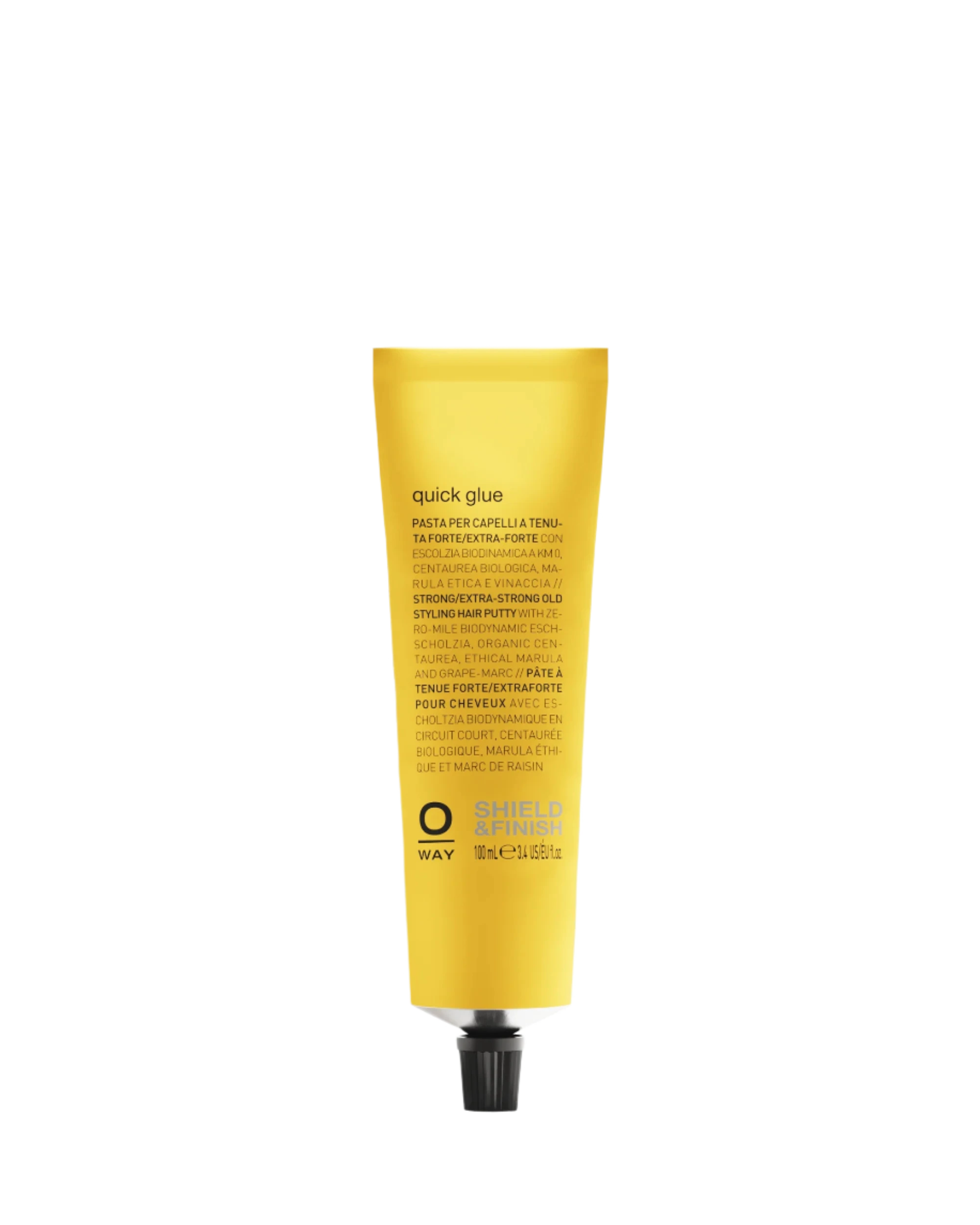 A yellow tube of Oway Quick Glue | Ultra-Hold Styling Glue for Creative Hair Sculpting stands upright, featuring black text and a black screw cap—ideal for creative styles and ultra-strong hold.