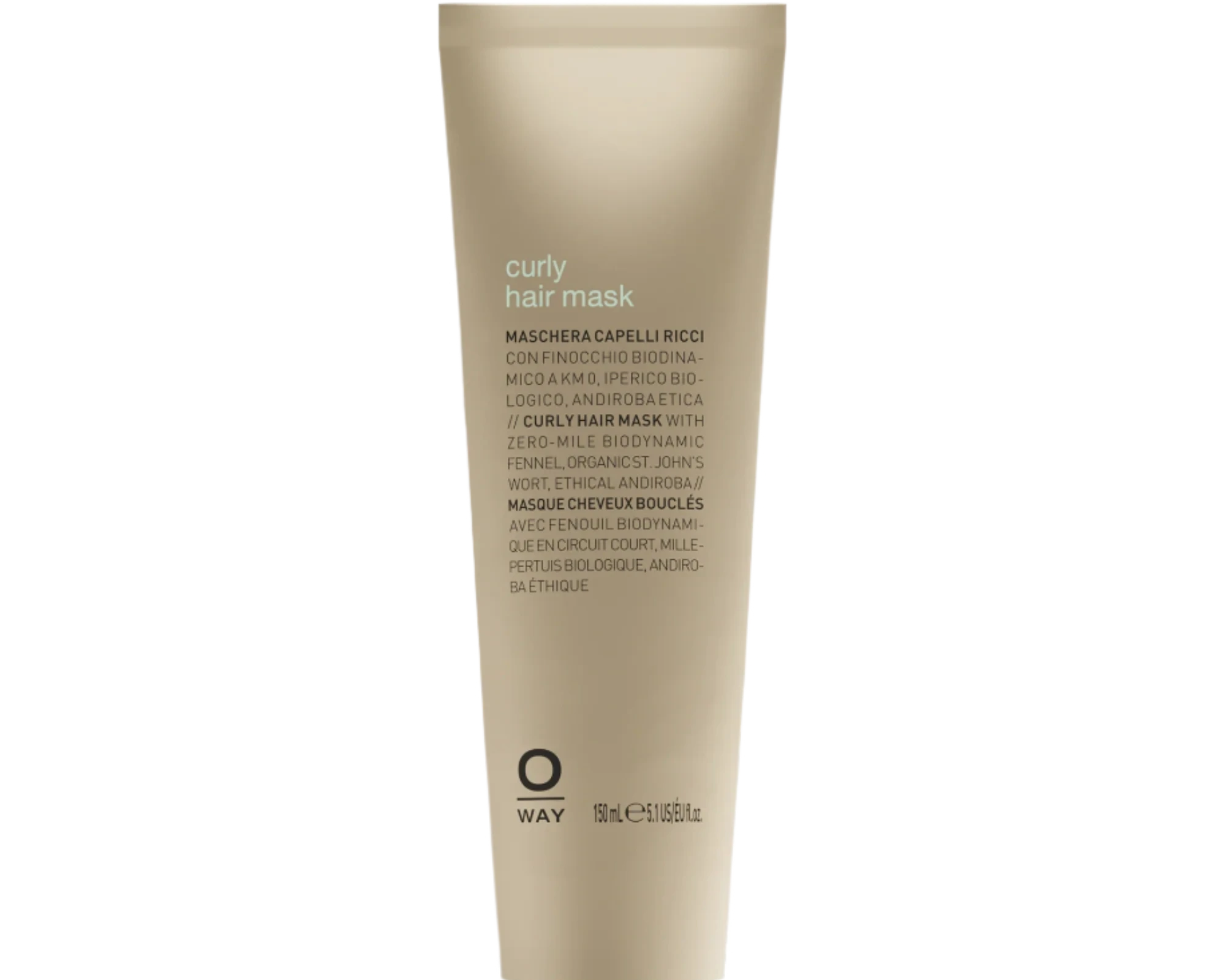 A beige tube of Oway Curly Hair Mask | Definition and Moisture Mask for Natural Curls stands upright against a black textured background—ideal for enhancing definition and achieving frizz-free, natural curls.