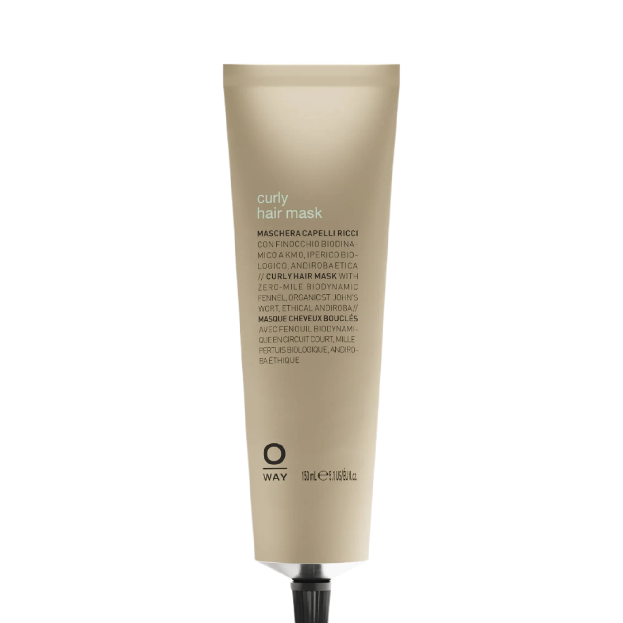 A beige tube of Oway Curly Hair Mask | Definition and Moisture Mask for Natural Curls stands upright against a black textured background—ideal for enhancing definition and achieving frizz-free, natural curls.