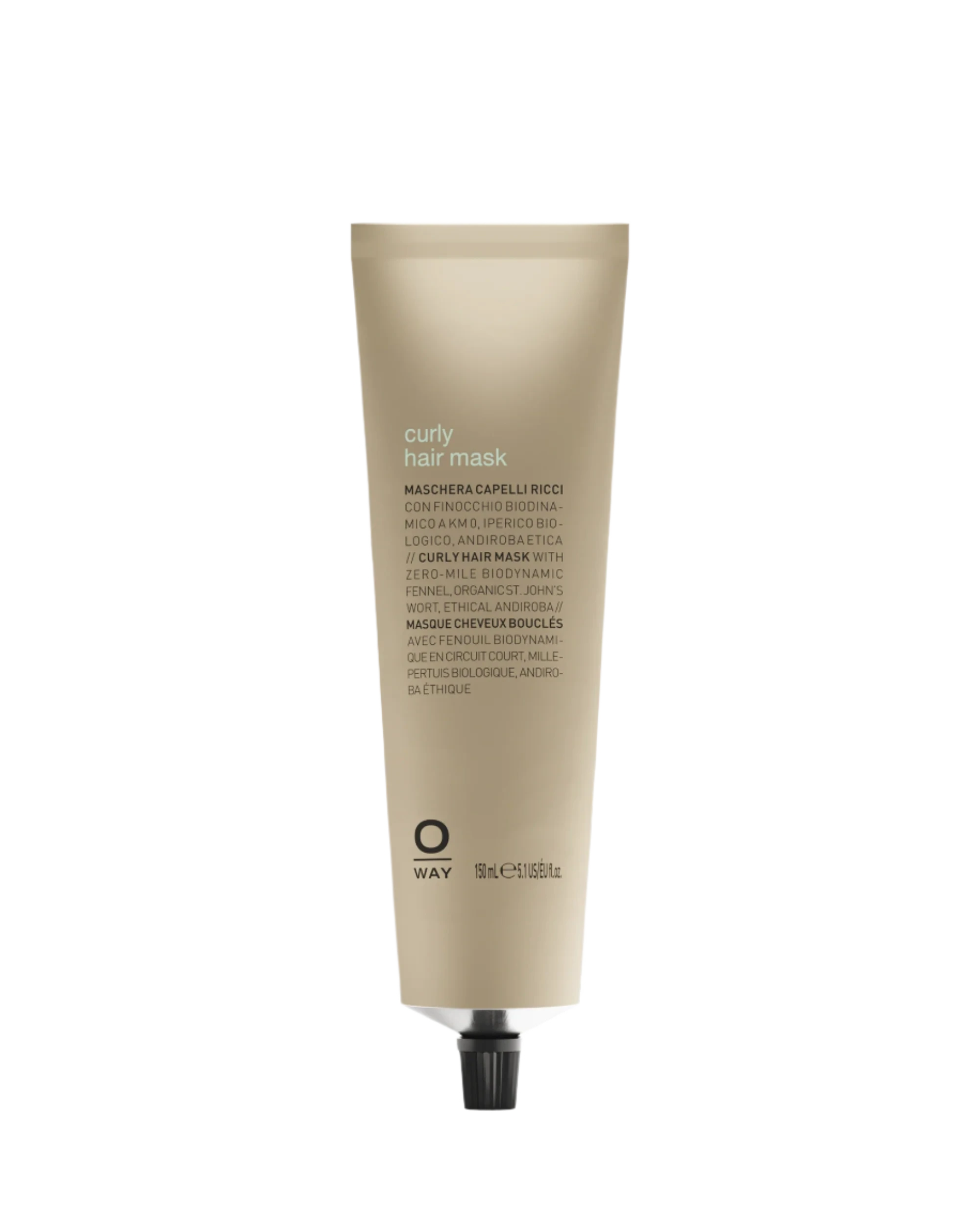 A beige tube of Oway Curly Hair Mask | Definition and Moisture Mask for Natural Curls stands upright against a black textured background—ideal for enhancing definition and achieving frizz-free, natural curls.