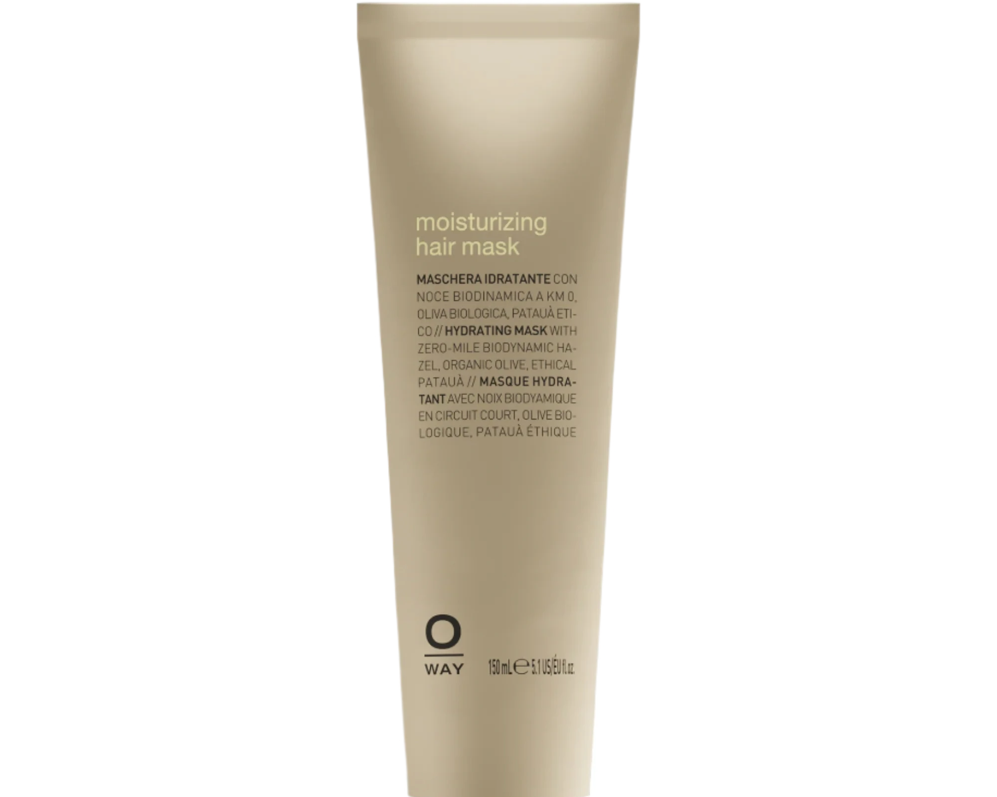 A beige tube of Oway Moisturizing Hair Mask | Deep Hydration Mask for Dry or Dehydrated Hair stands upright with black text and a black cap against a dark textured background, ideal for nourishing parched strands.