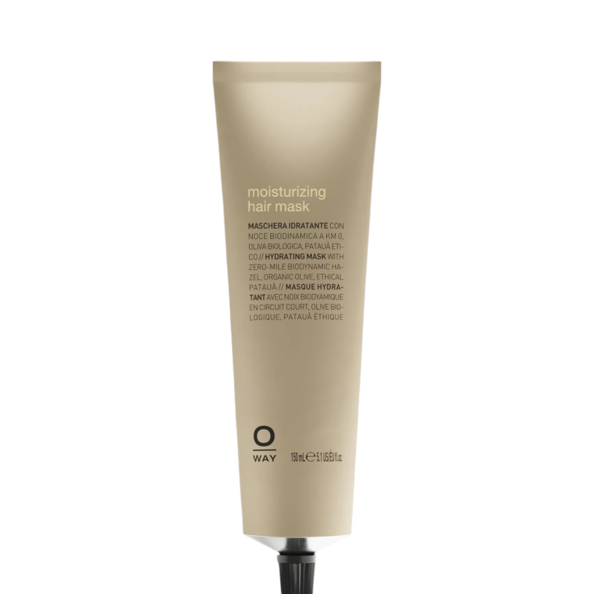 A beige tube of Oway Moisturizing Hair Mask | Deep Hydration Mask for Dry or Dehydrated Hair stands upright with black text and a black cap against a dark textured background, ideal for nourishing parched strands.