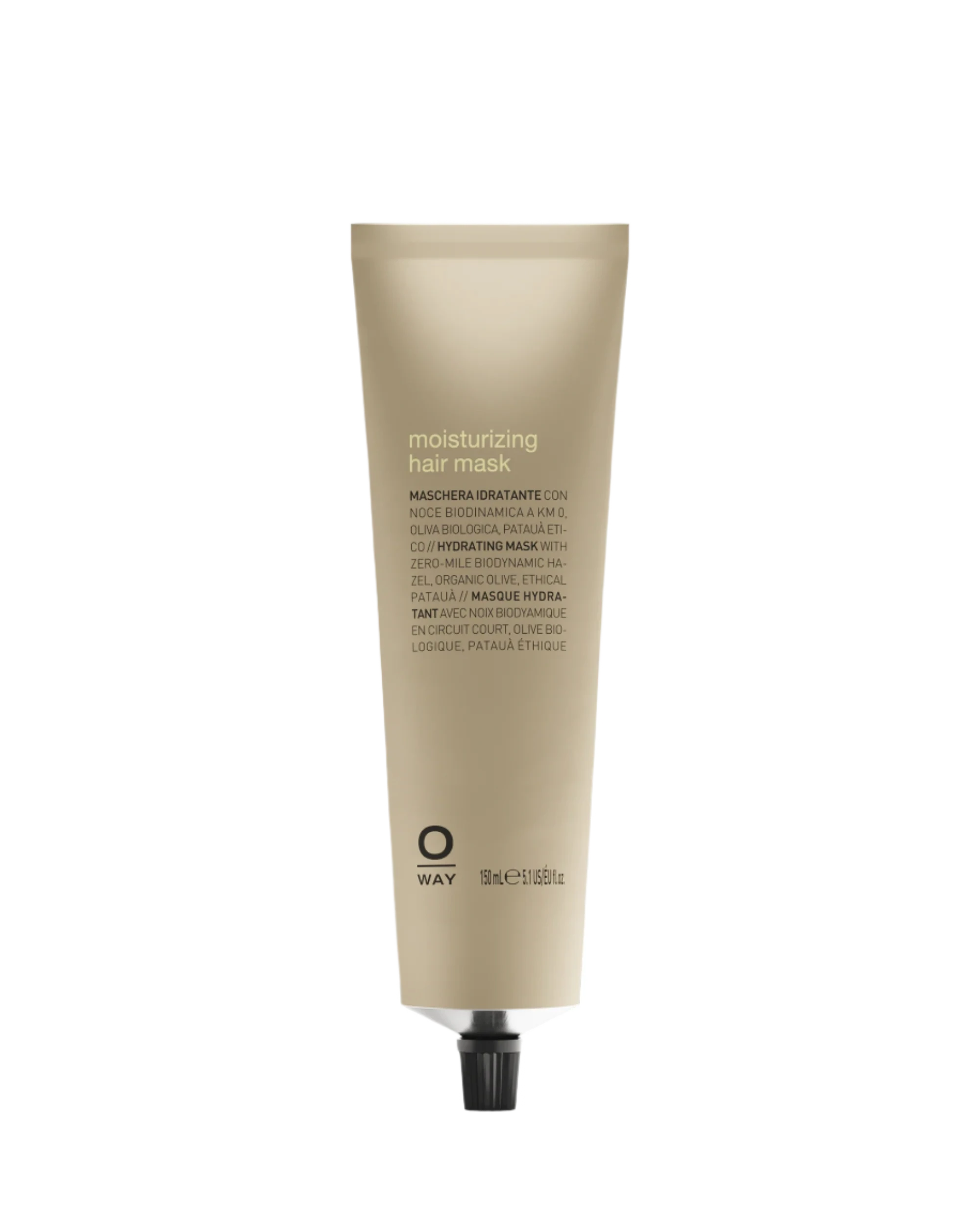 A beige tube of Oway Moisturizing Hair Mask | Deep Hydration Mask for Dry or Dehydrated Hair stands upright with black text and a black cap against a dark textured background, ideal for nourishing parched strands.