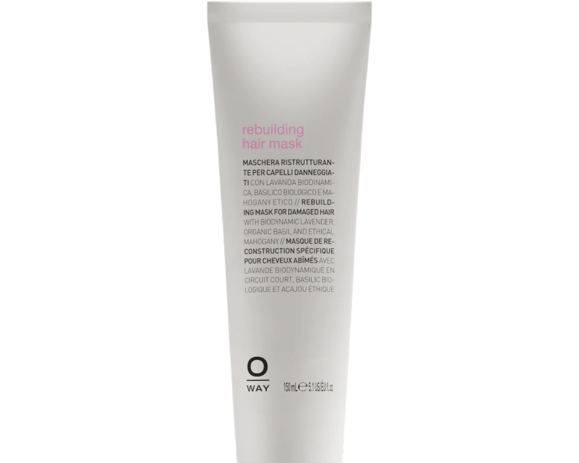 A white tube of Oway Rebuilding Hair Mask | Restorative Mask for Damage and Instant Repair, labeled with its use for damaged or chemically treated hair, is shown against a black textured background.