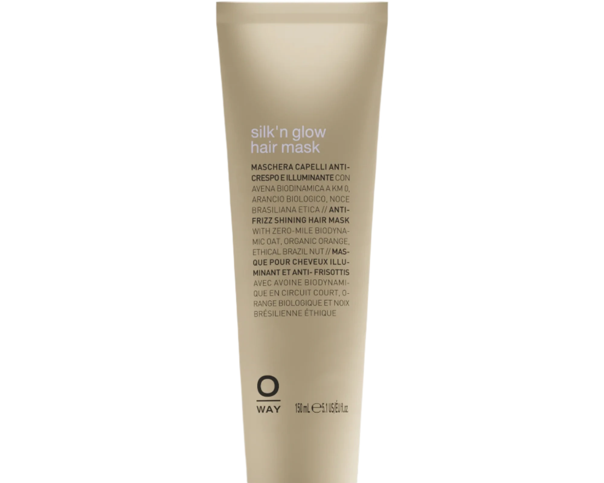 A beige tube of Oway Silk’N Glow Hair Mask for dry, frizzy hair with a black cap is displayed against a dark textured background. The label features product details in various languages.