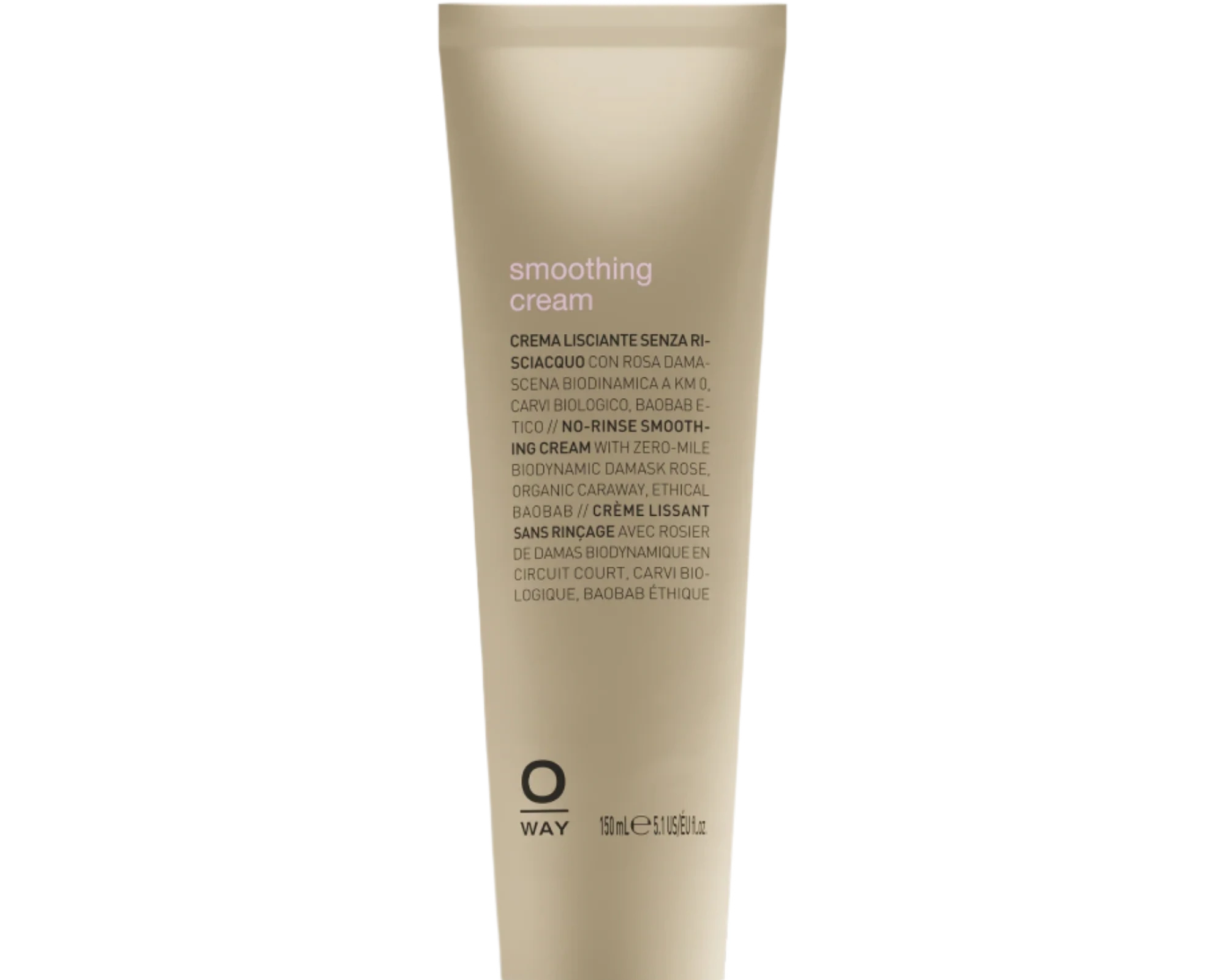 An upright beige tube of Oway Smoothing Cream | Blow Dry Cream for Sleek, Straight Styles with a black cap is displayed against a dark textured background—perfect for taming frizz and achieving smooth hair.
