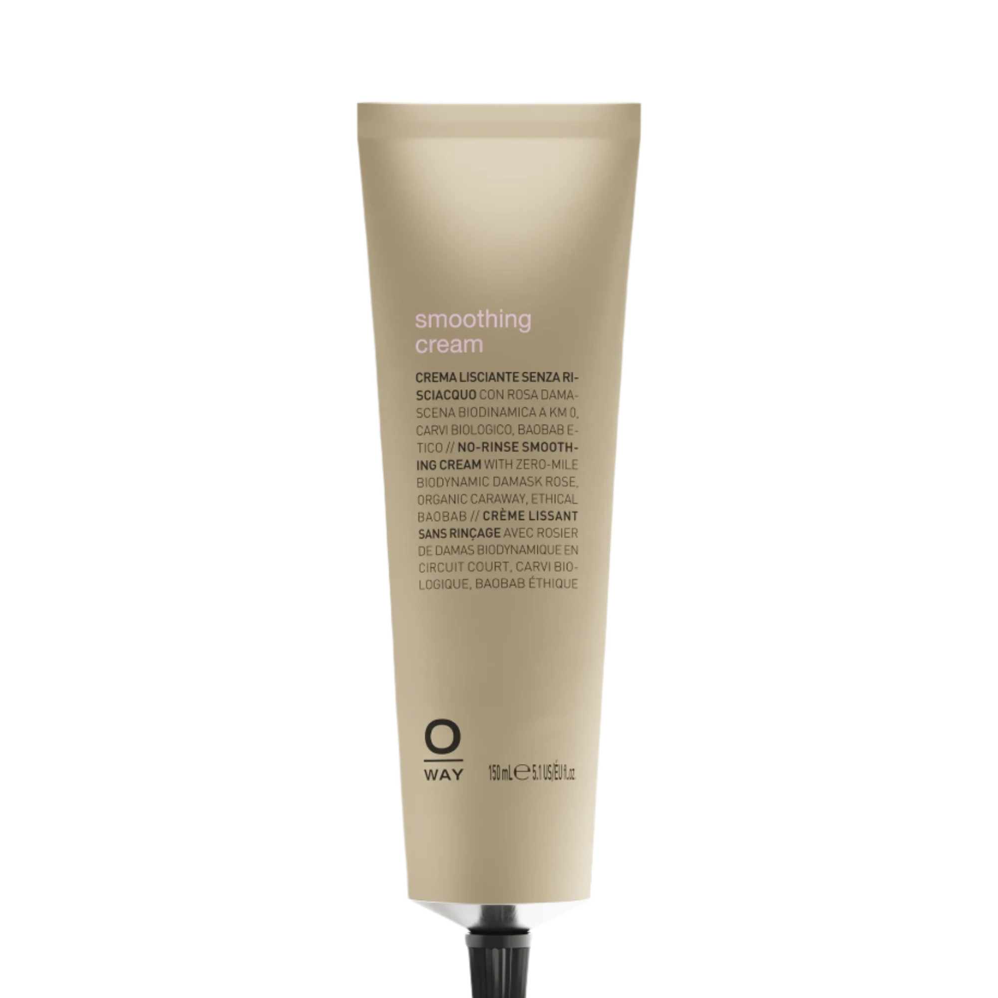 An upright beige tube of Oway Smoothing Cream | Blow Dry Cream for Sleek, Straight Styles with a black cap is displayed against a dark textured background—perfect for taming frizz and achieving smooth hair.