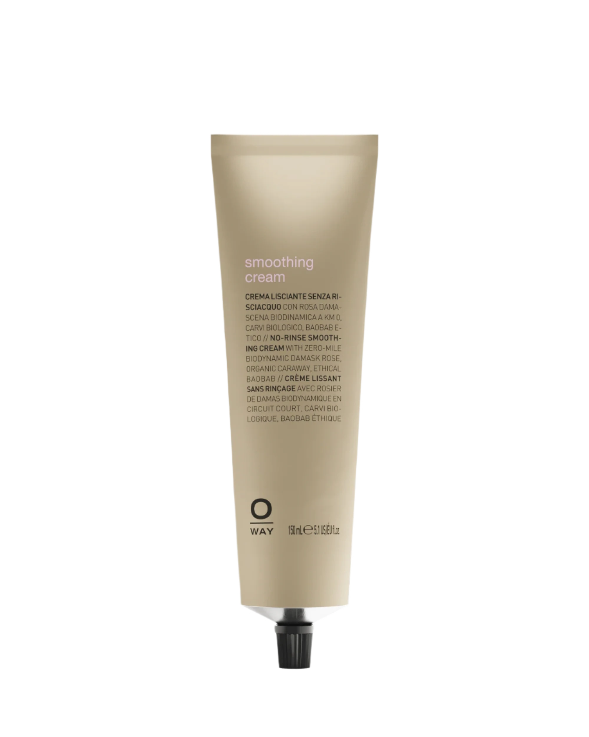 An upright beige tube of Oway Smoothing Cream | Blow Dry Cream for Sleek, Straight Styles with a black cap is displayed against a dark textured background—perfect for taming frizz and achieving smooth hair.