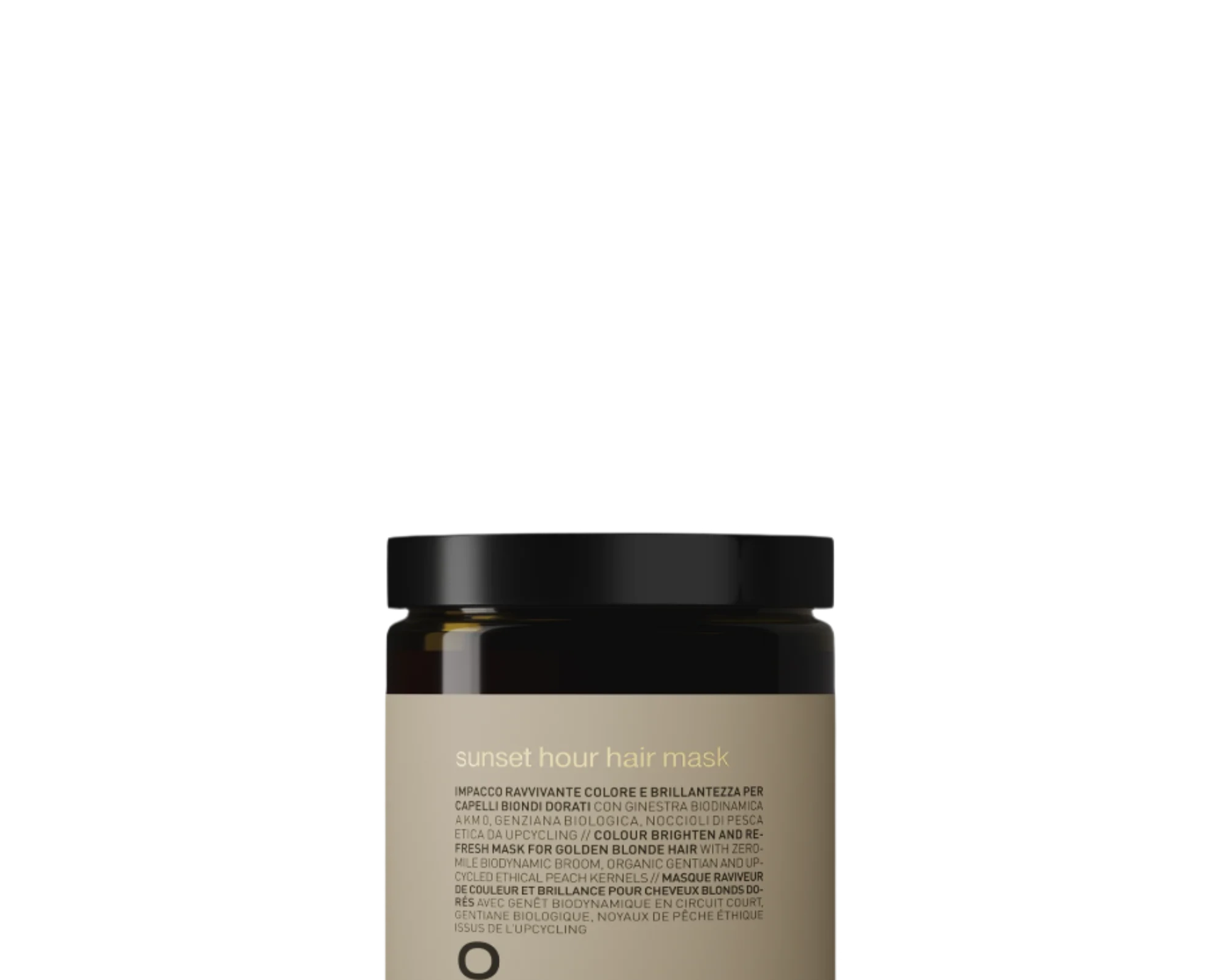 A brown jar of Oway Sunset Hour Hair Mask | Radiance-Boosting Mask for Golden Blonde Hair is displayed against a black textured background.