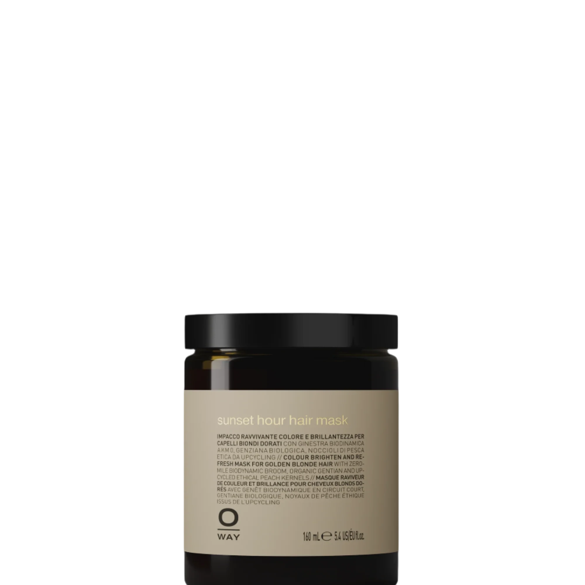 A brown jar of Oway Sunset Hour Hair Mask | Radiance-Boosting Mask for Golden Blonde Hair is displayed against a black textured background.