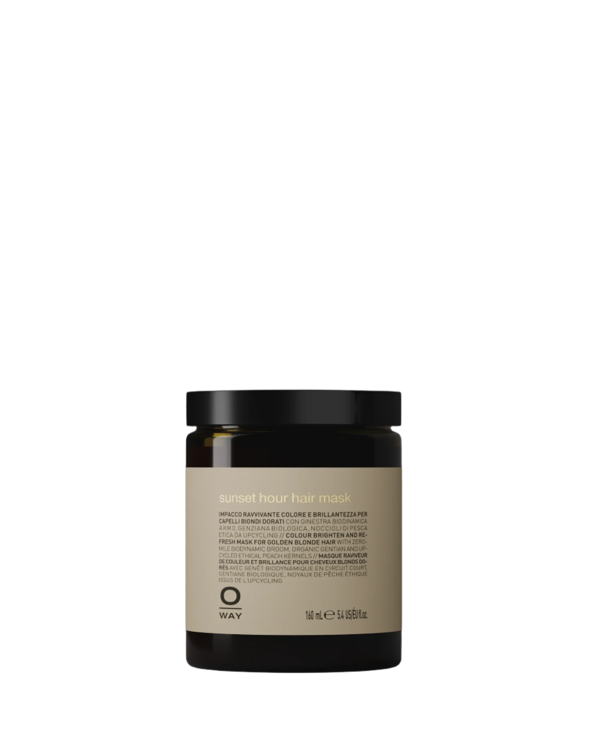 A brown jar of Oway Sunset Hour Hair Mask | Radiance-Boosting Mask for Golden Blonde Hair is displayed against a black textured background.