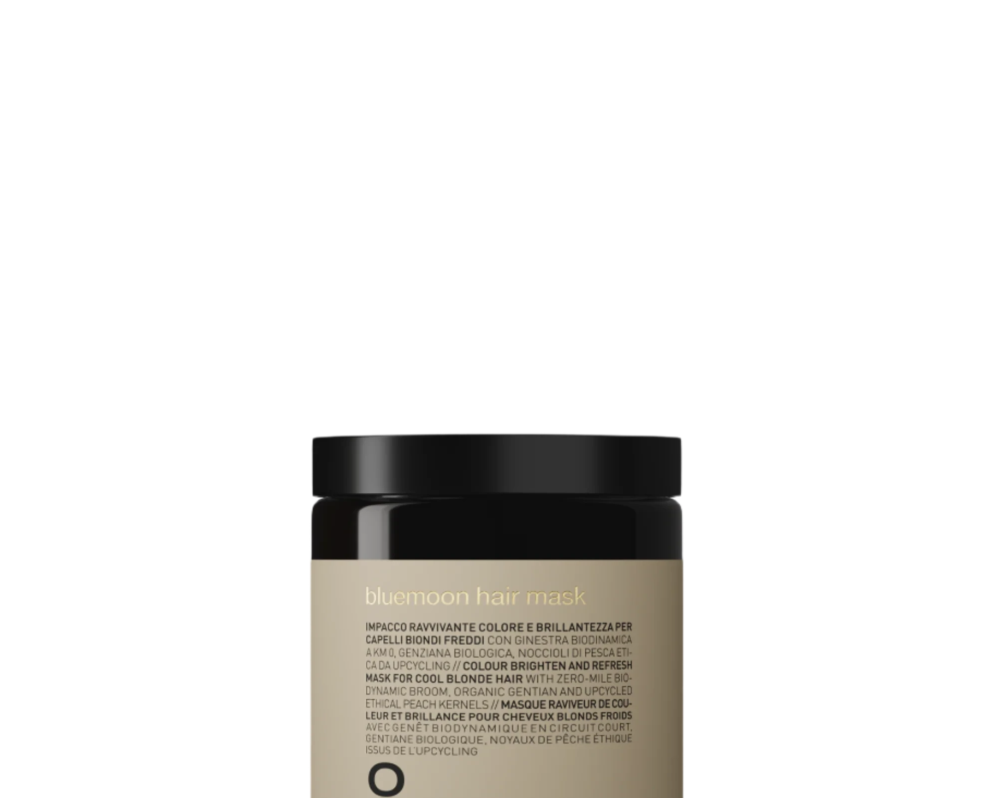 Oway Bluemoon Hair Mask | Color-Enhancing Mask for Cool Blonde Hair by Oway comes in a 160 ml (5.65 fl oz) black jar with a beige label, neutralizing brassiness and restoring softness and shine to cool blonde tones.