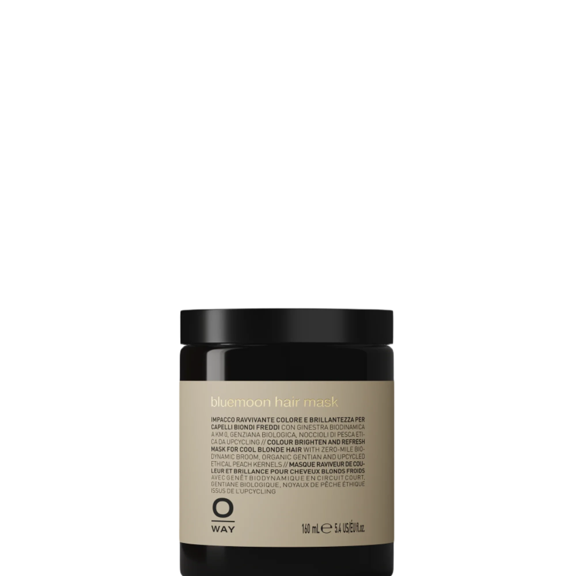 Oway Bluemoon Hair Mask | Color-Enhancing Mask for Cool Blonde Hair by Oway comes in a 160 ml (5.65 fl oz) black jar with a beige label, neutralizing brassiness and restoring softness and shine to cool blonde tones.