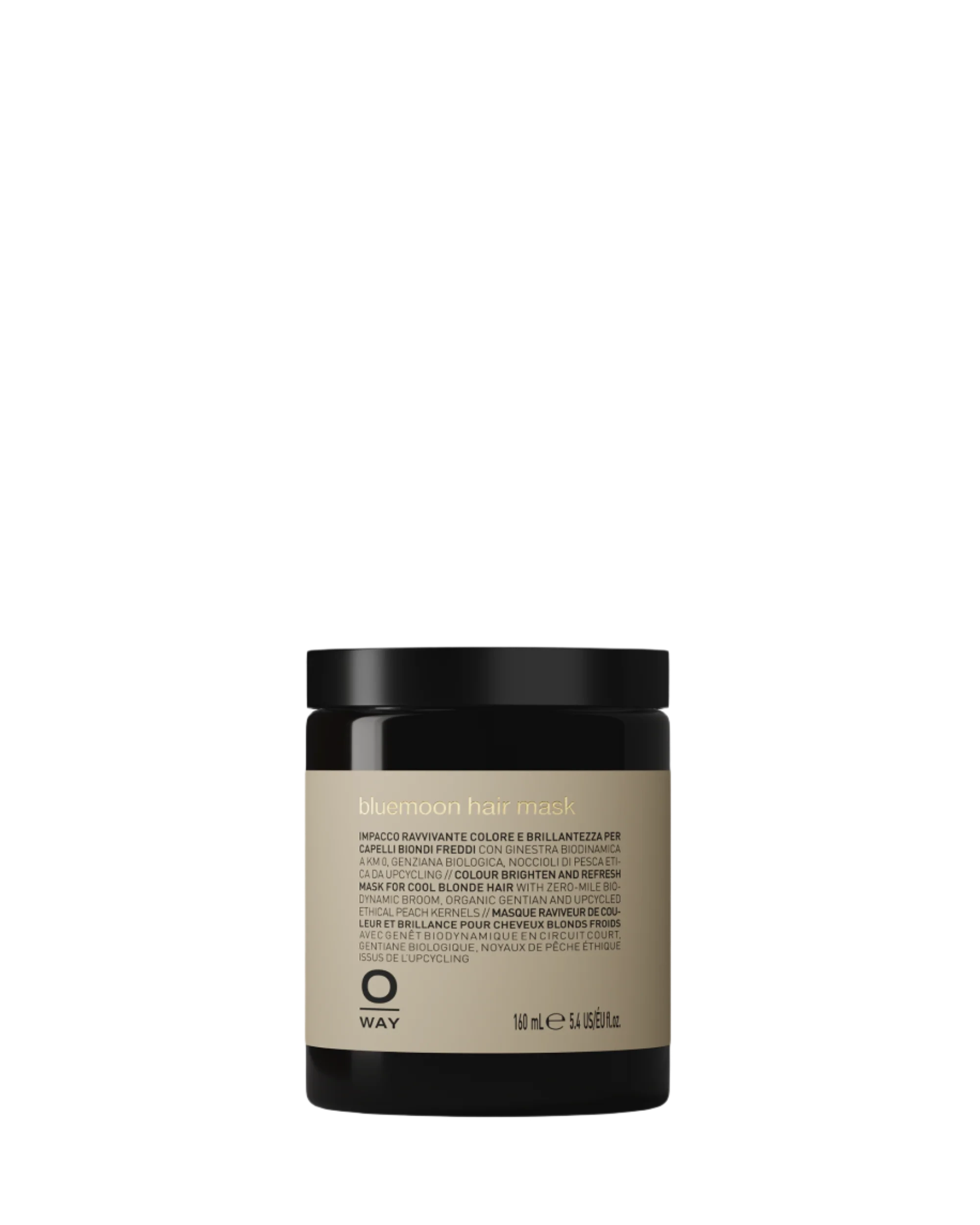 Oway Bluemoon Hair Mask | Color-Enhancing Mask for Cool Blonde Hair by Oway comes in a 160 ml (5.65 fl oz) black jar with a beige label, neutralizing brassiness and restoring softness and shine to cool blonde tones.