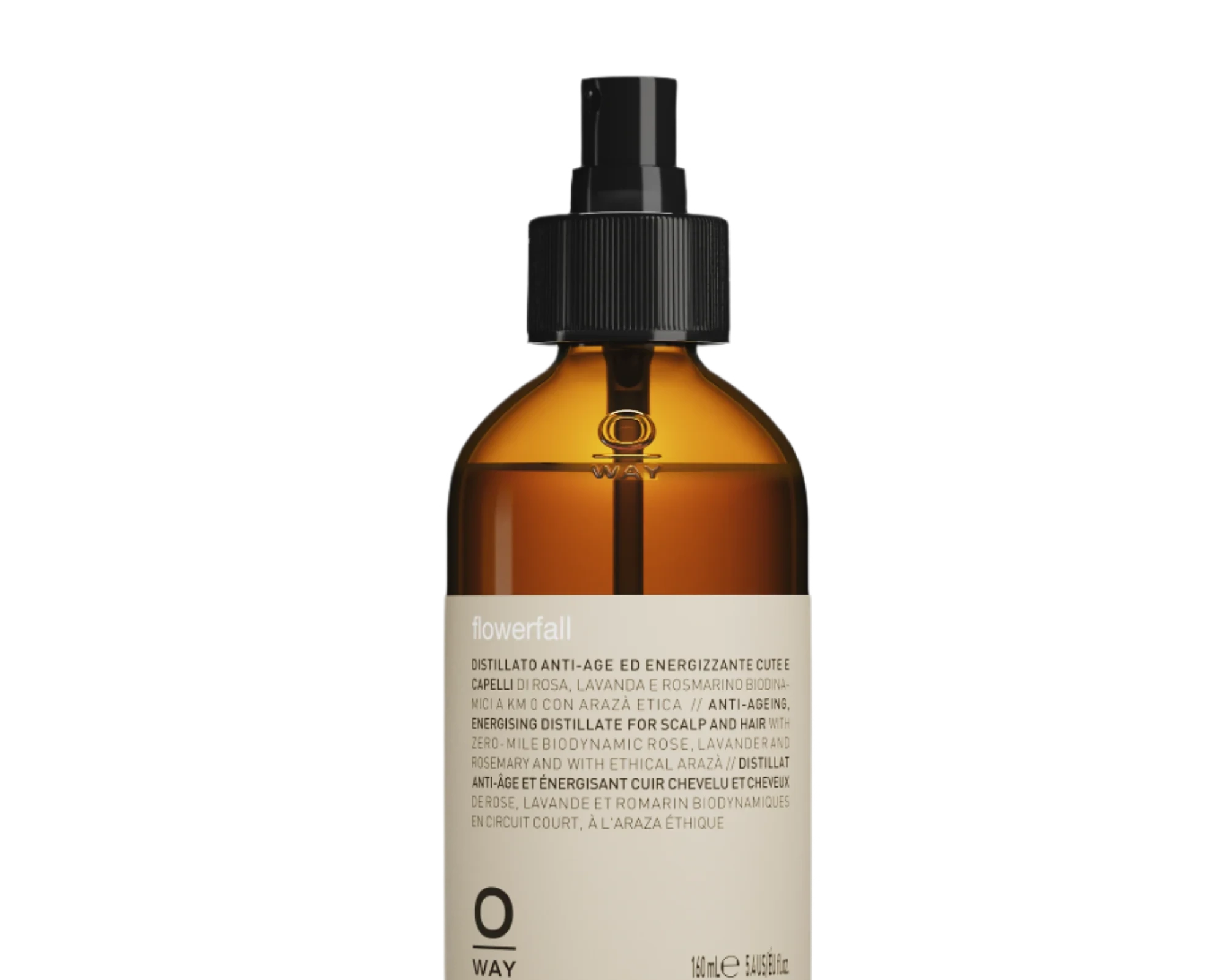 The Oway Flowerfall Aromatherapeutic Scalp and Mind Balancing Mist comes in an amber glass spray bottle with a black nozzle and beige label, offering holistic scalp care using Biodynamic Lavender.