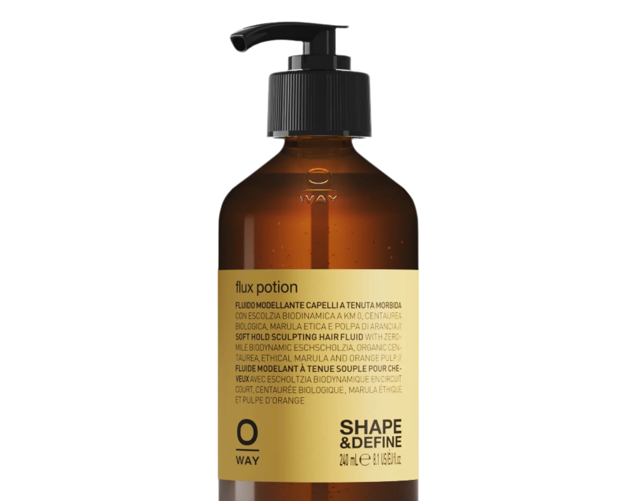 A brown pump bottle labeled "Oway Flux Potion" is a lightweight volumizing serum for soft body and hold, with product info and branding on the front.