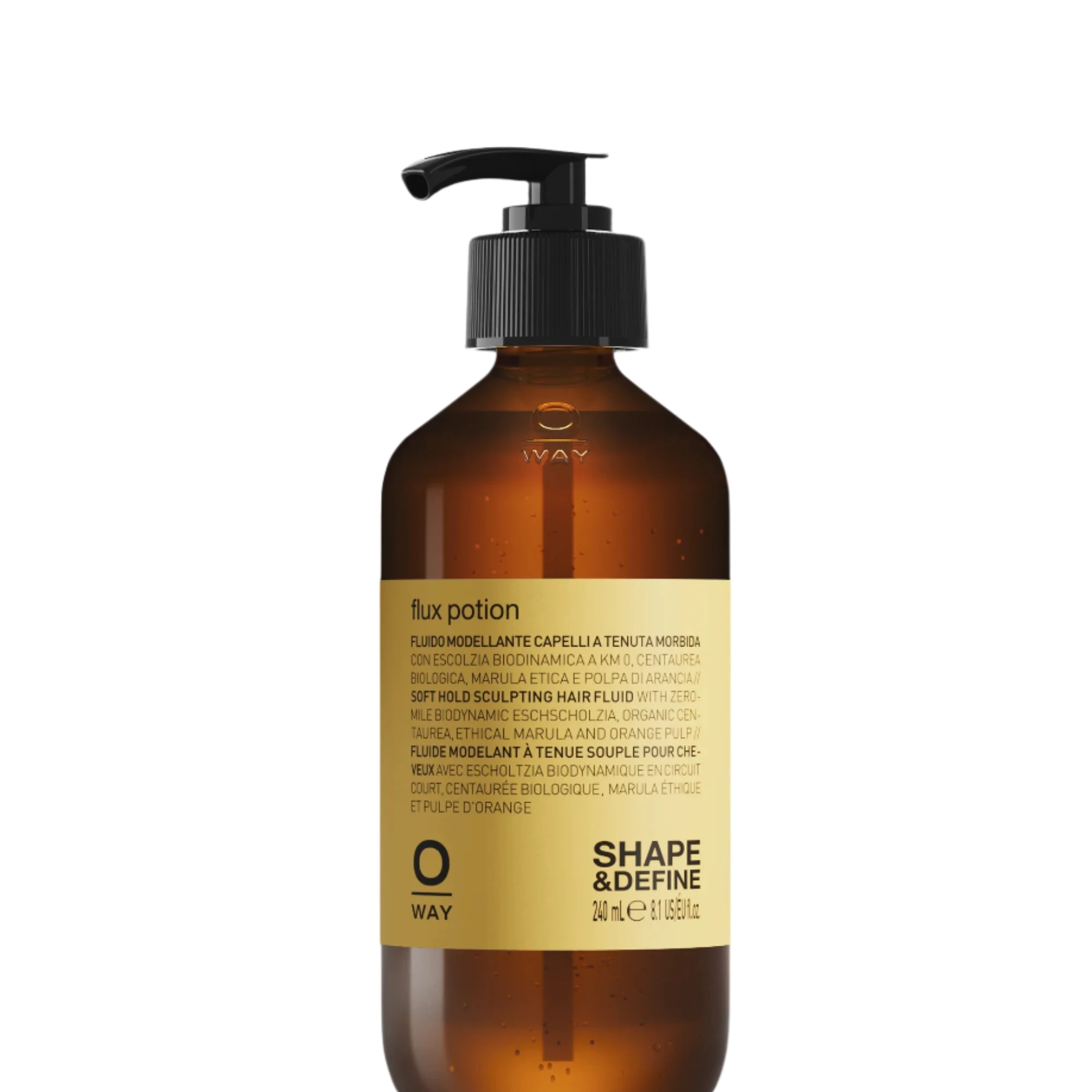 A brown pump bottle labeled "Oway Flux Potion" is a lightweight volumizing serum for soft body and hold, with product info and branding on the front.