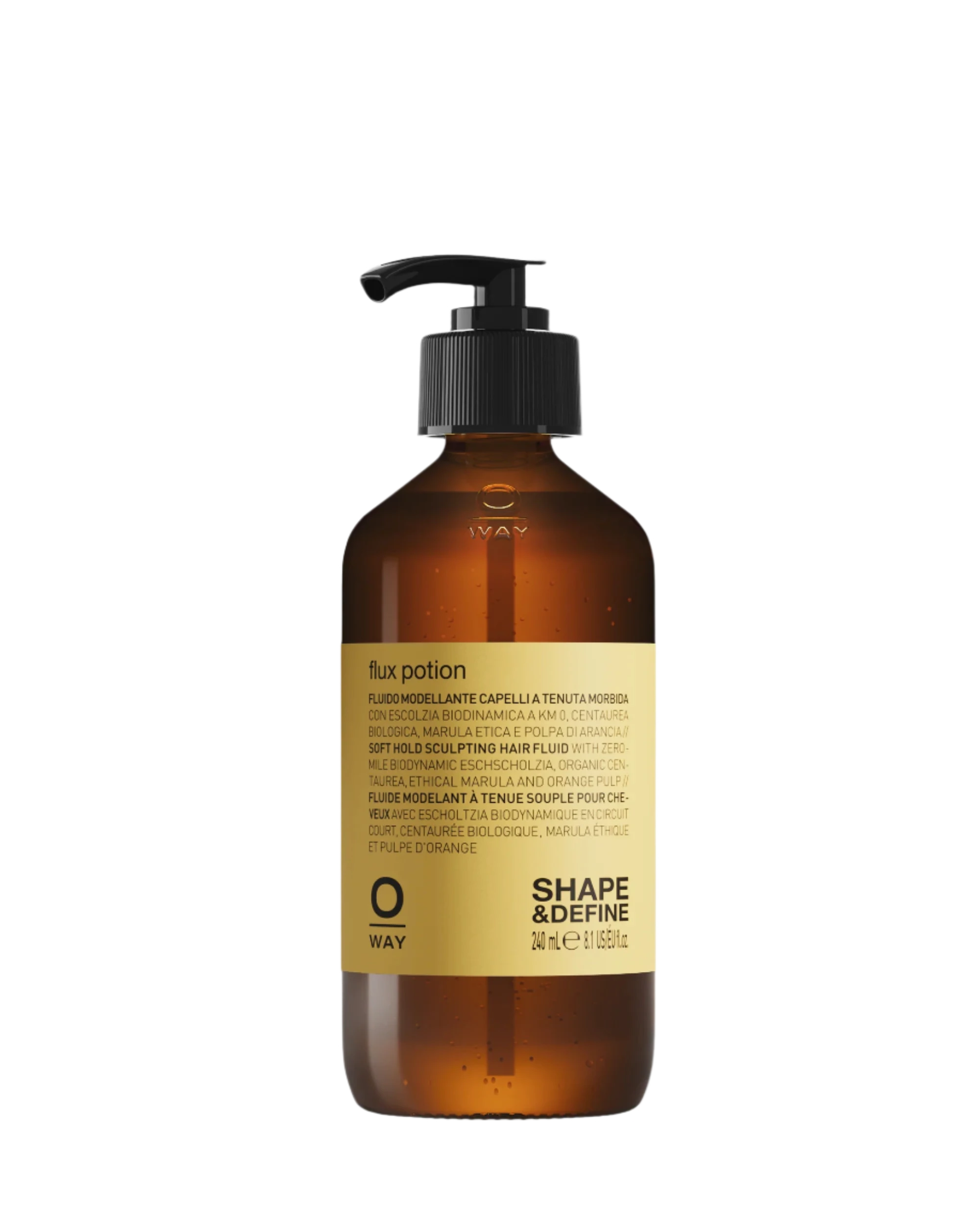 A brown pump bottle labeled "Oway Flux Potion" is a lightweight volumizing serum for soft body and hold, with product info and branding on the front.