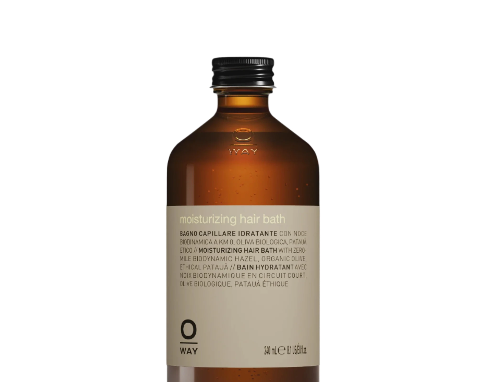 A 240ml brown glass bottle of Oway Moisturizing Hair Bath | Hydrating Shampoo for dry, lackluster hair, featuring a black screw cap.