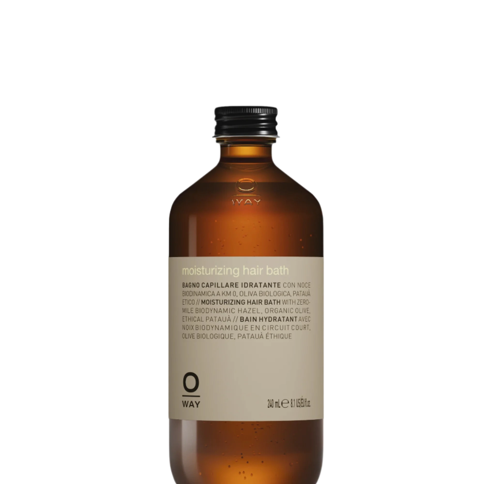 A 240ml brown glass bottle of Oway Moisturizing Hair Bath | Hydrating Shampoo for dry, lackluster hair, featuring a black screw cap.