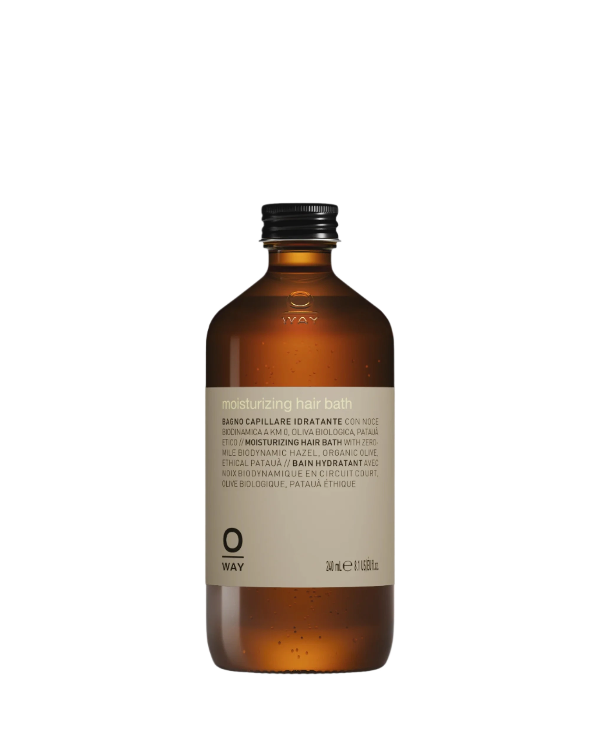A 240ml brown glass bottle of Oway Moisturizing Hair Bath | Hydrating Shampoo for dry, lackluster hair, featuring a black screw cap.