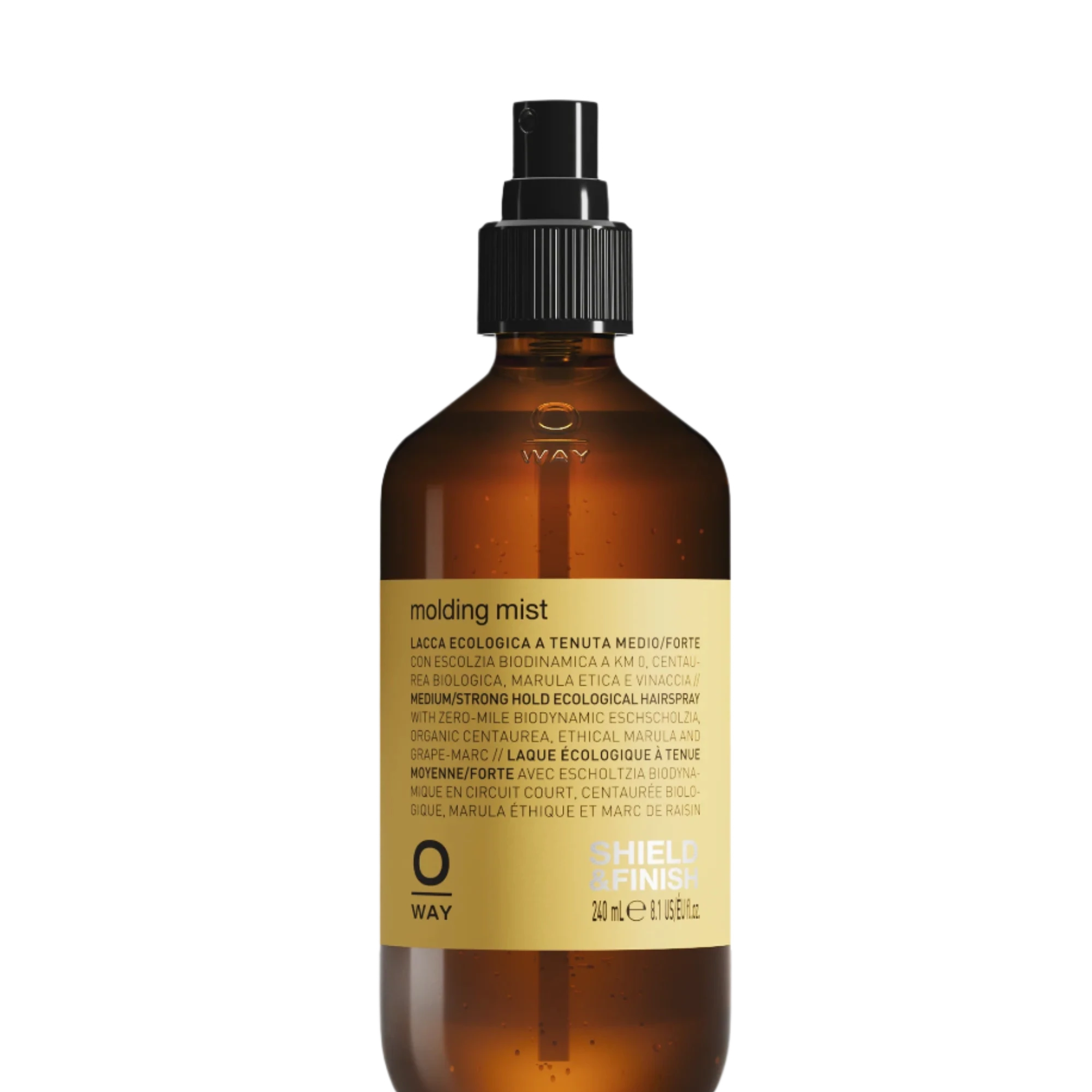 Amber spray bottle of Oway Molding Mist | Humidity-Resistant Spray for Shape and Memory with black pump, displayed against a textured black background, offers frizz protection.