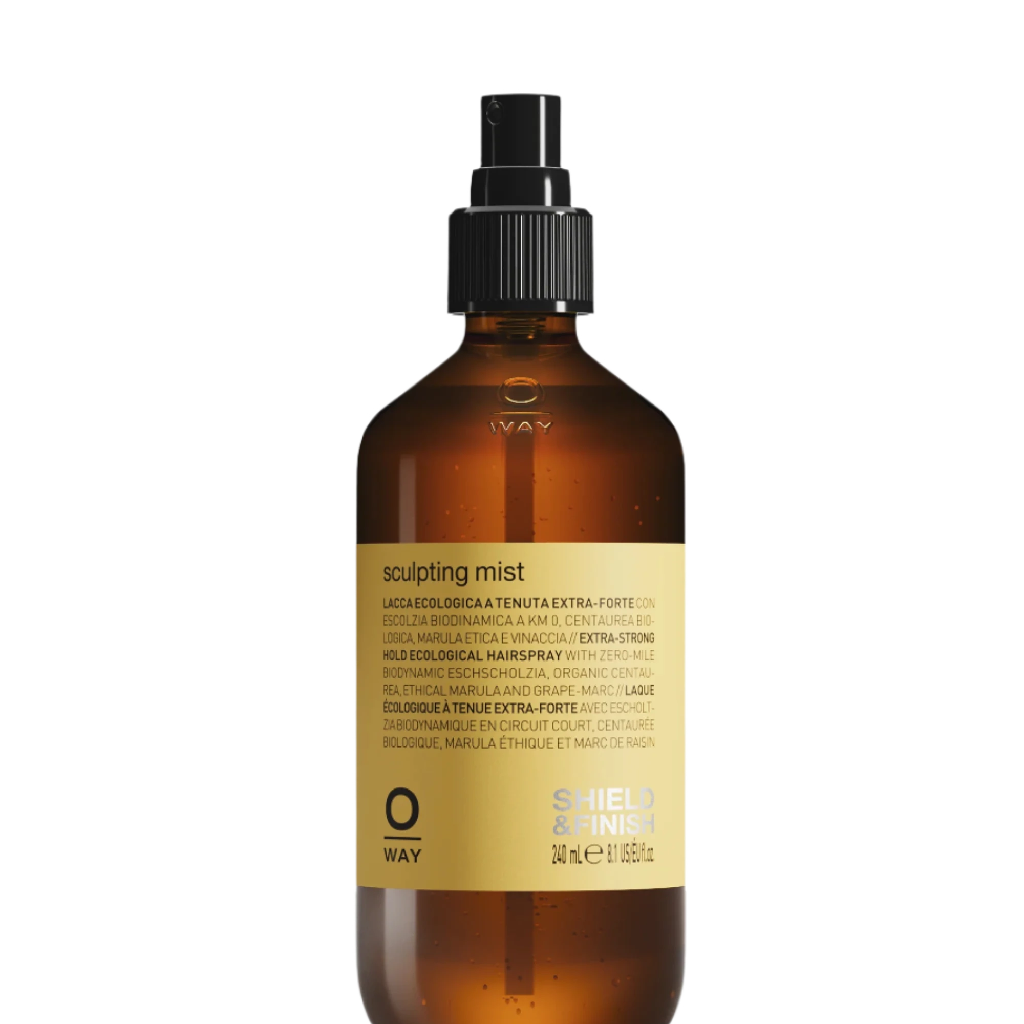 A 240 ml brown glass bottle of Oway Sculpting Mist | Long-Lasting Finishing Spray with Flexible Hold is shown against a black textured background, ideal for perfecting your finishing spray routine with flexible hold and humidity control.