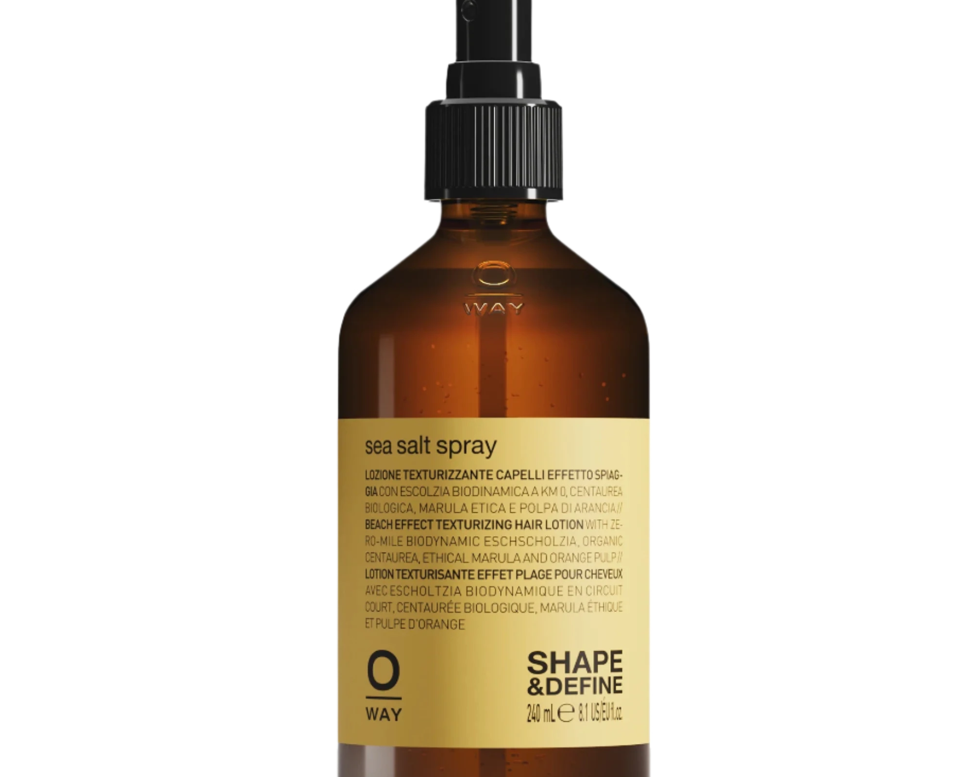 Oway Sea Salt Spray | Beachy Texture Spray for Tousled Waves comes in an amber bottle with a black spray nozzle and yellow label, ideal for creating tousled waves and beachy texture.