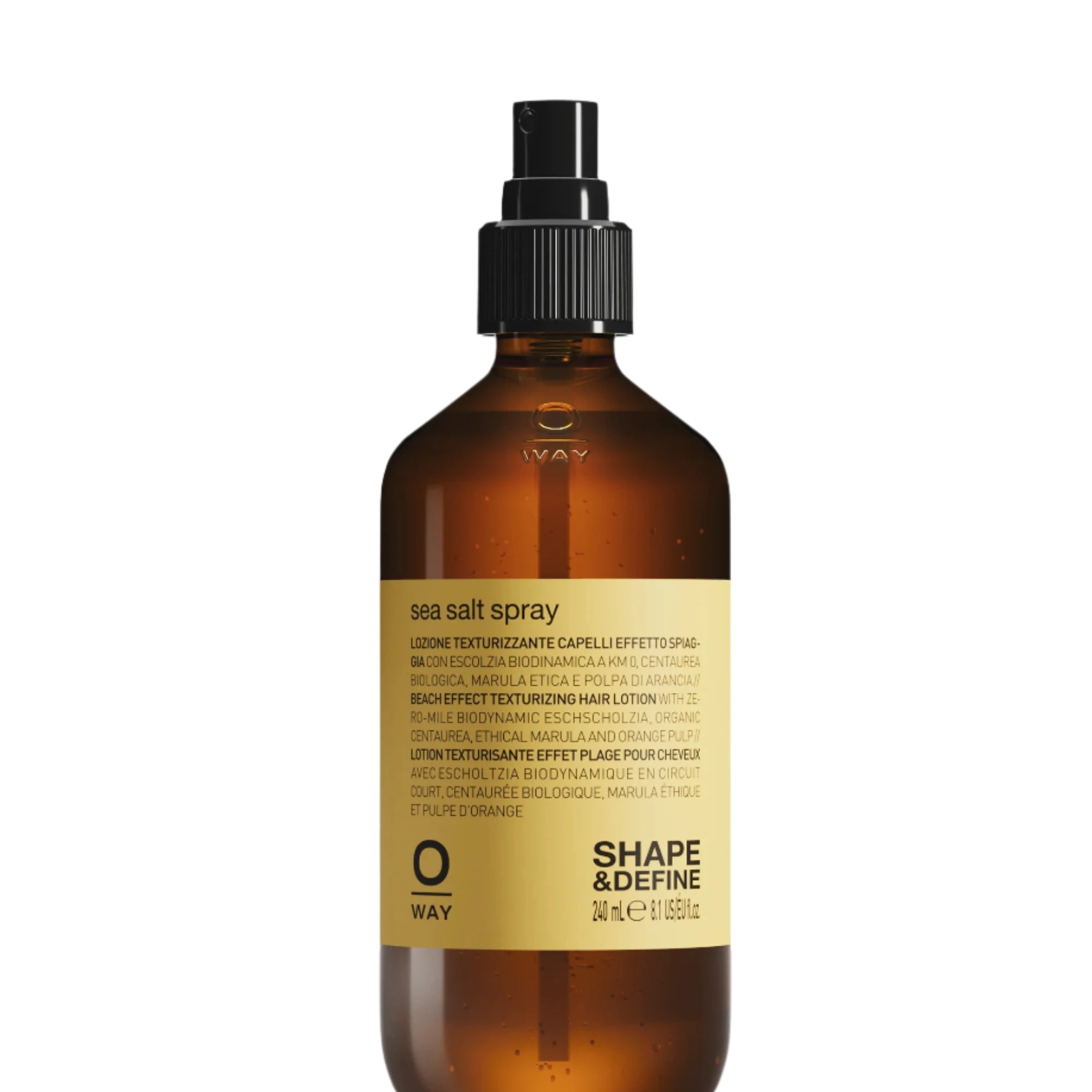 Oway Sea Salt Spray | Beachy Texture Spray for Tousled Waves comes in an amber bottle with a black spray nozzle and yellow label, ideal for creating tousled waves and beachy texture.