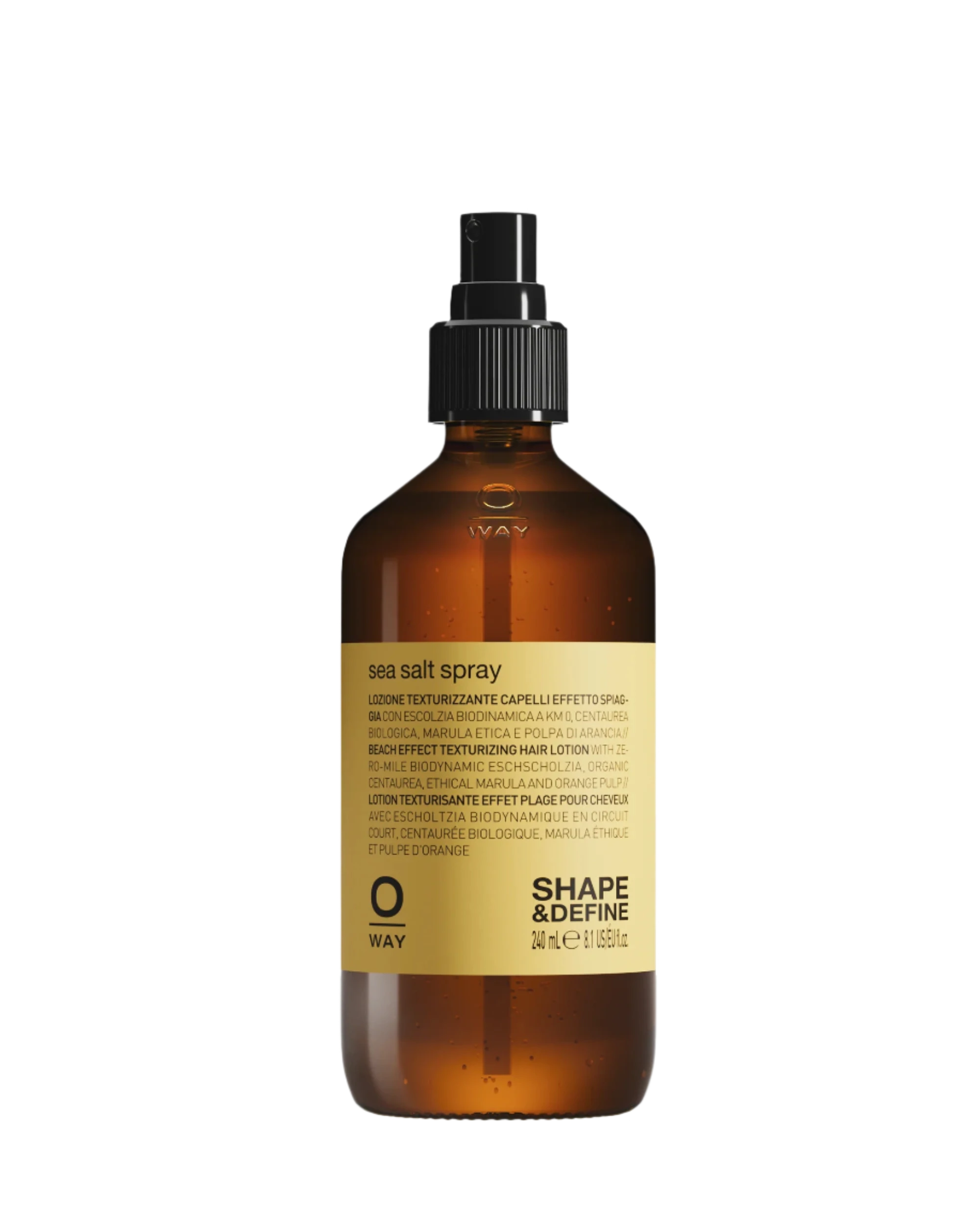 Oway Sea Salt Spray | Beachy Texture Spray for Tousled Waves comes in an amber bottle with a black spray nozzle and yellow label, ideal for creating tousled waves and beachy texture.