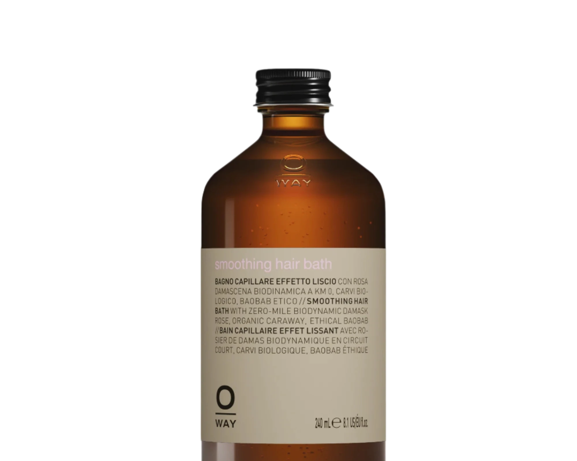 Clear glass bottle with brown cap featuring a beige label and 240 ml of Oway Smoothing Hair Bath | Frizz-Control Shampoo for Coarse or Unruly Hair, enriched with biodynamic caraway extract.