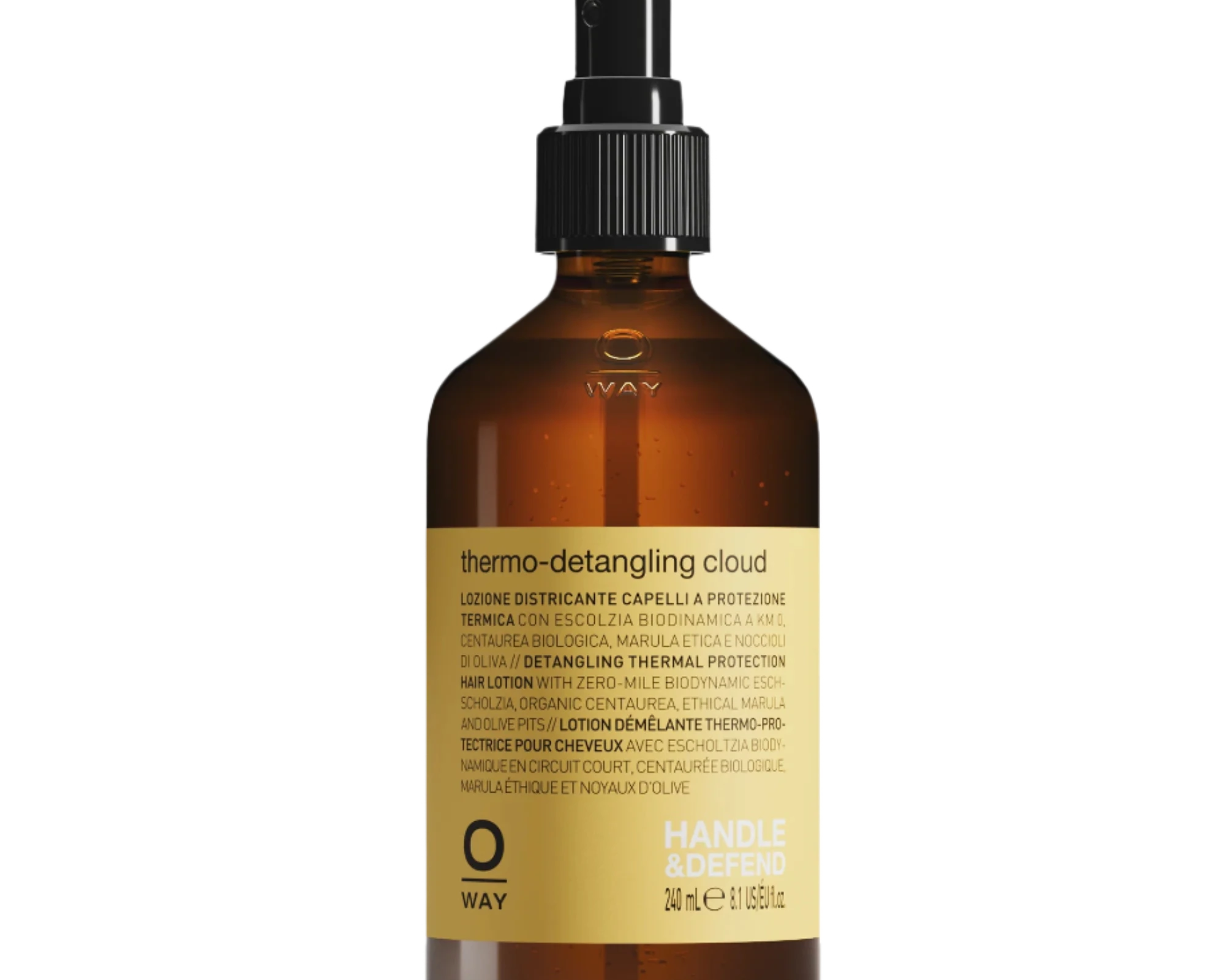 The Oway Thermo-Detangling Cloud is a heat-protective detangler for all hair types, housed in a brown spray bottle with a black nozzle and yellow label detailing its thermal defense benefits.