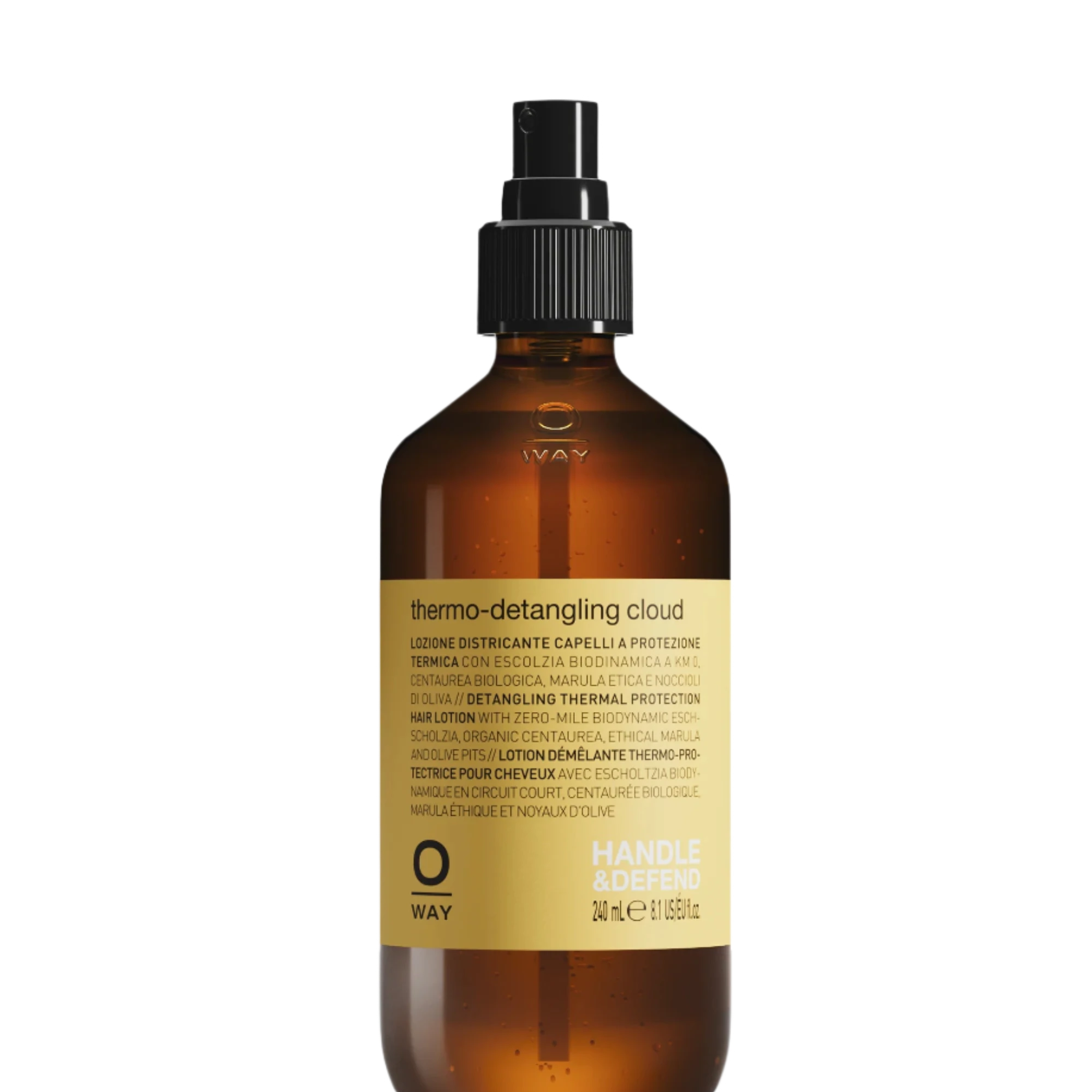 The Oway Thermo-Detangling Cloud is a heat-protective detangler for all hair types, housed in a brown spray bottle with a black nozzle and yellow label detailing its thermal defense benefits.