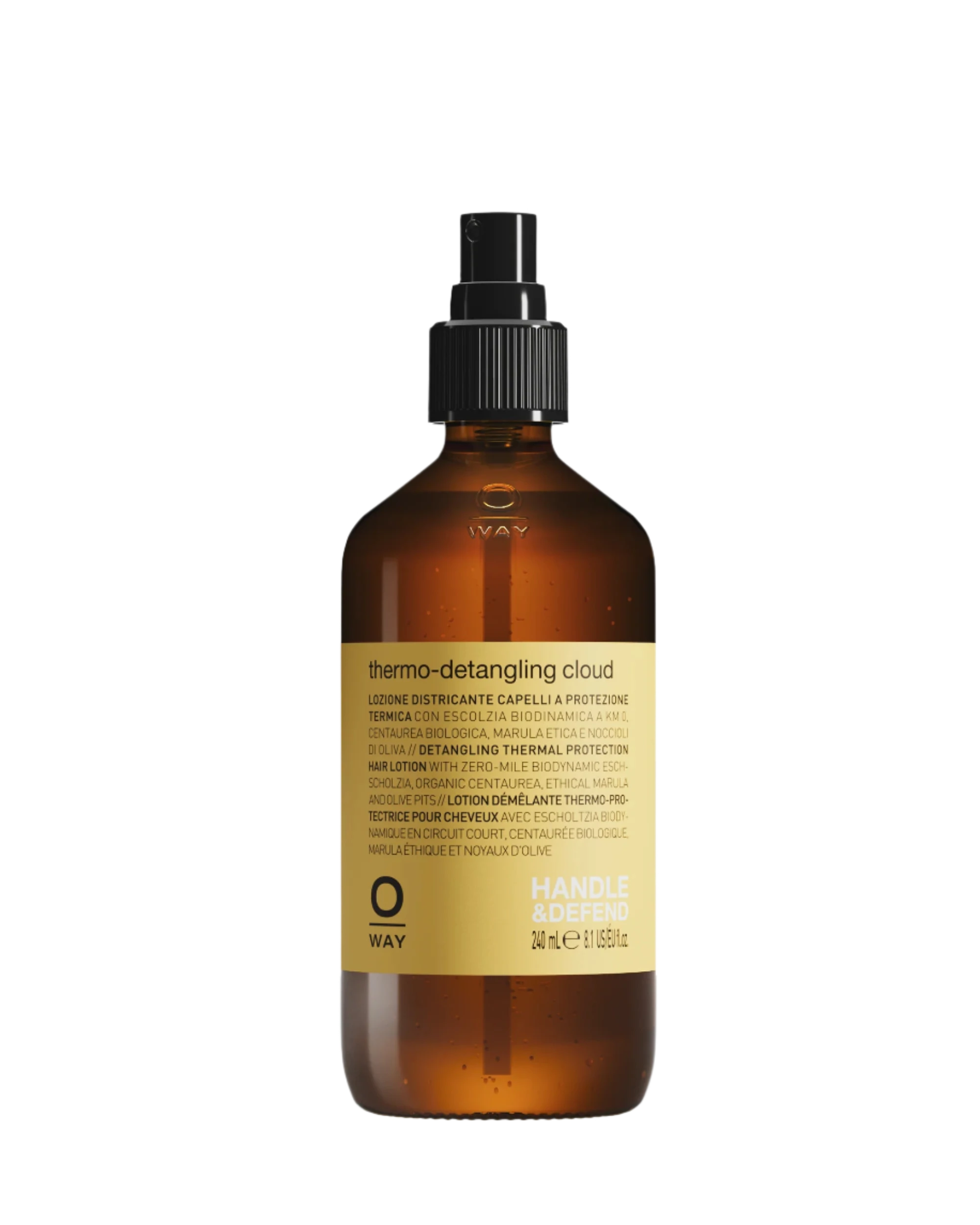 The Oway Thermo-Detangling Cloud is a heat-protective detangler for all hair types, housed in a brown spray bottle with a black nozzle and yellow label detailing its thermal defense benefits.