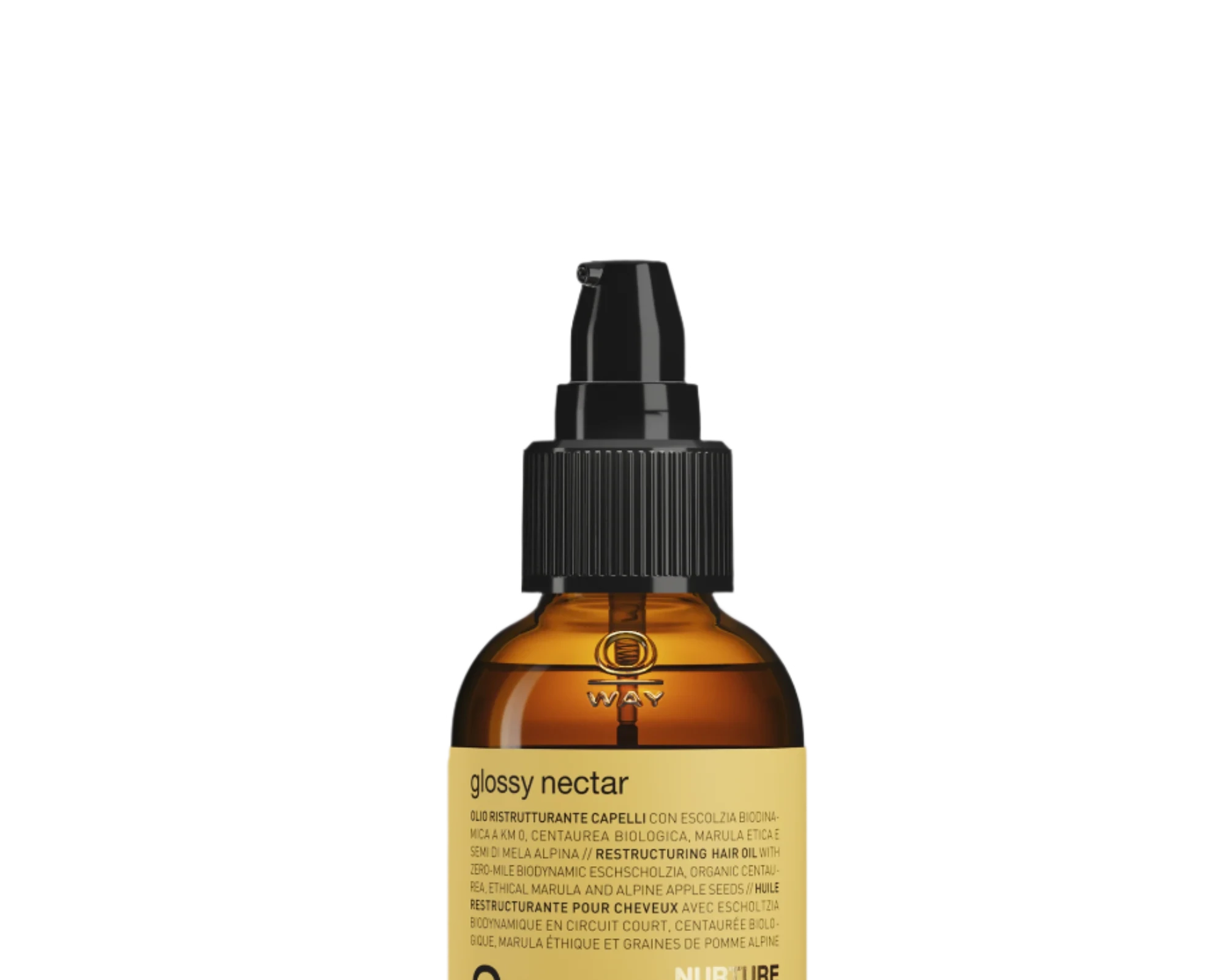 Oway Glossy Nectar | Rebuilding Oil Serum for Shine and Hair Strength comes in a 50 ml (1.69 fl. oz) amber bottle with a black cap, delivering frizz control, shine, and stronger hair.