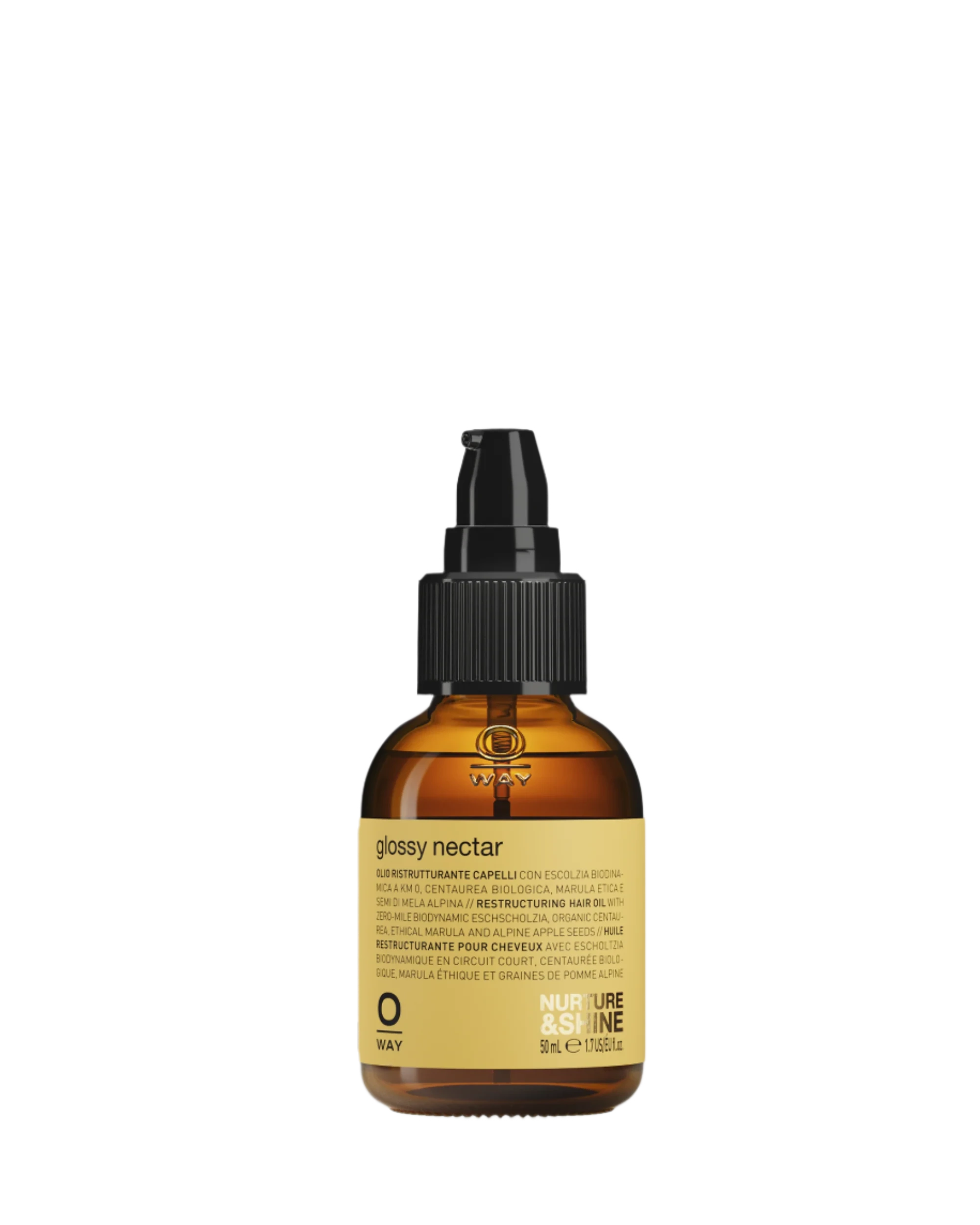 Oway Glossy Nectar | Rebuilding Oil Serum for Shine and Hair Strength comes in a 50 ml (1.69 fl. oz) amber bottle with a black cap, delivering frizz control, shine, and stronger hair.