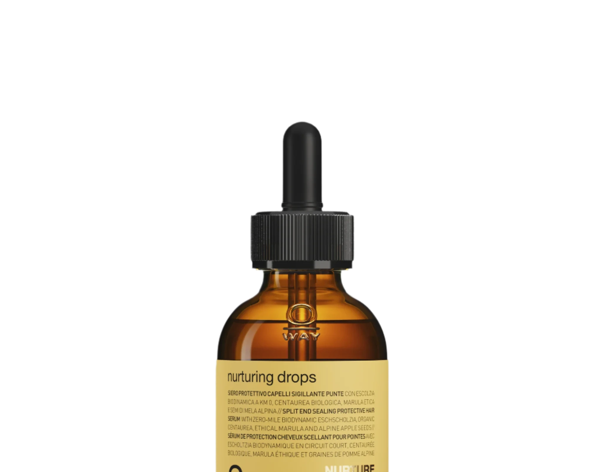 Oway Nurturing Drops is a silkening serum for split ends and heat protection, in an amber glass dropper bottle with a black cap and yellow label from Oway.