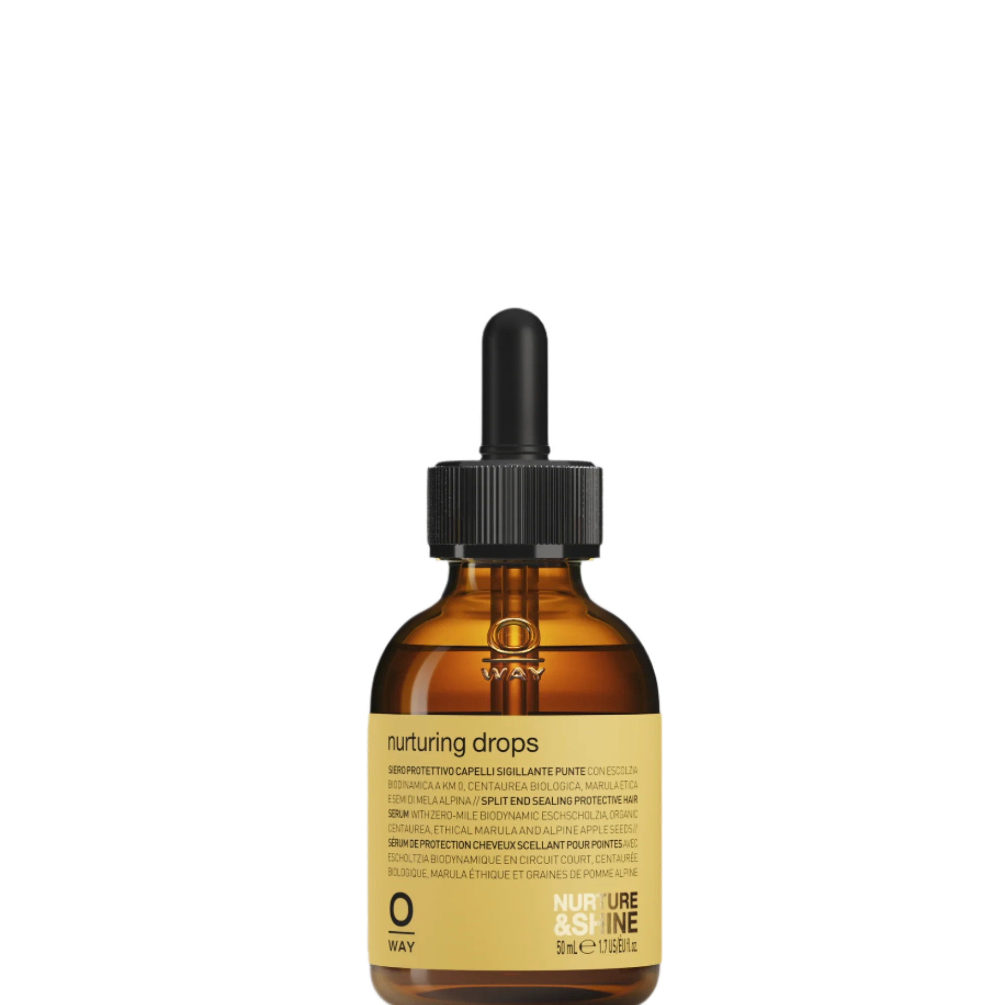 Oway Nurturing Drops is a silkening serum for split ends and heat protection, in an amber glass dropper bottle with a black cap and yellow label from Oway.